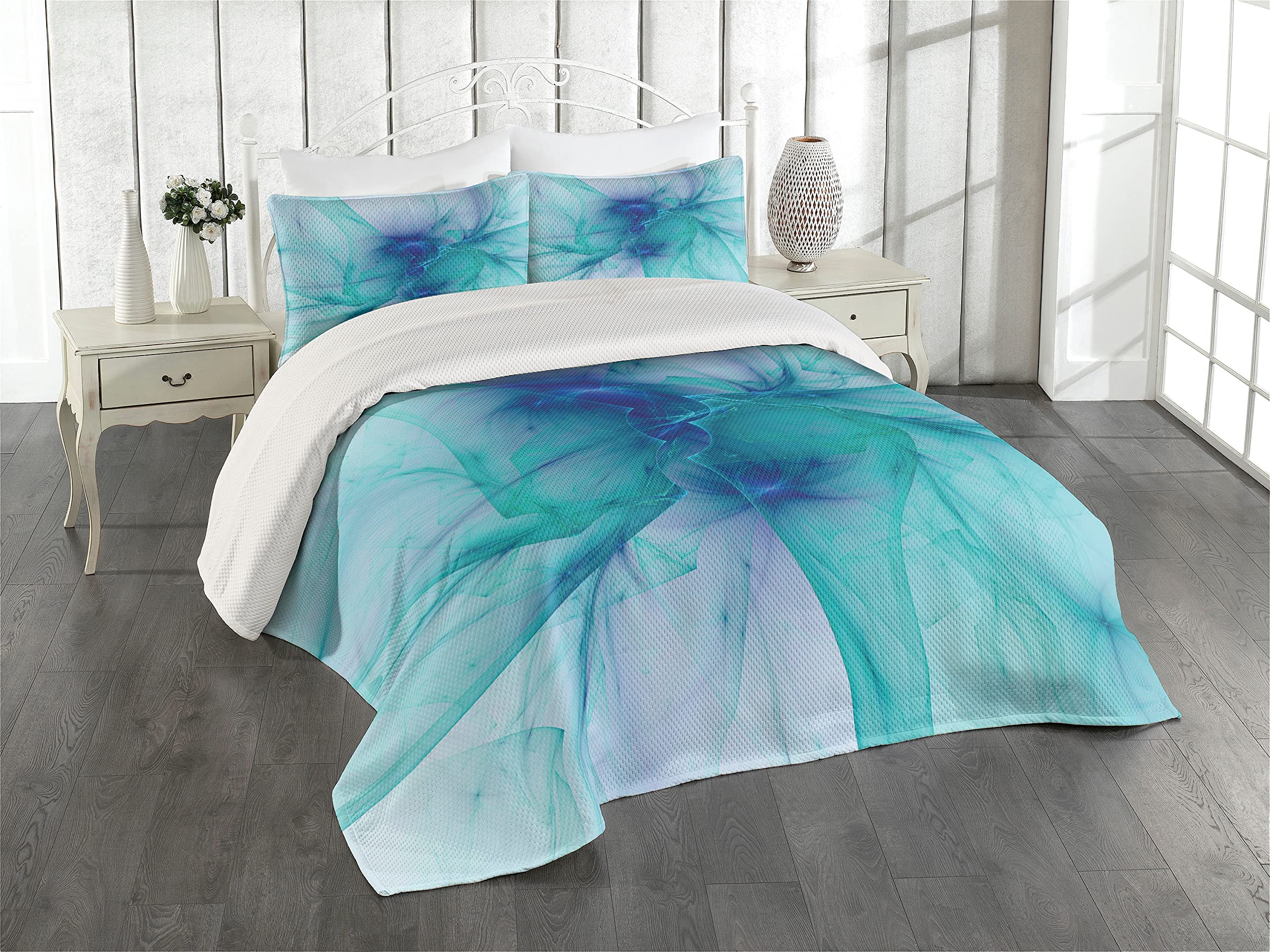 Ambesonne Psychedelic Computer Art King Size Quilted Bedspread Set - 3 Piece Teal Blue Coverlet with 2 Pillow Shams, Modern Geometric Design for Master Bedroom Decor | Perfect for Contemporary Homes & Guest Room Styling