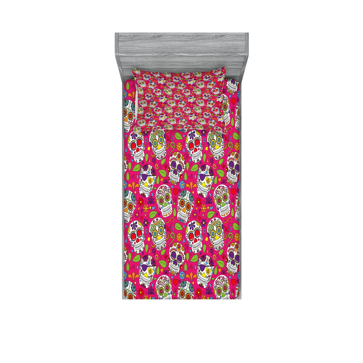 Ambesonne Sugar Skull 2-Piece Twin Fitted Sheet Set with 2 Pillow Shams - Mexican Day of the Dead Cultural Bedding Decor, Vibrant Multicolor Skull Print - Perfect for Dorm Rooms, Guest Beds & Themed Bedroom Decorations