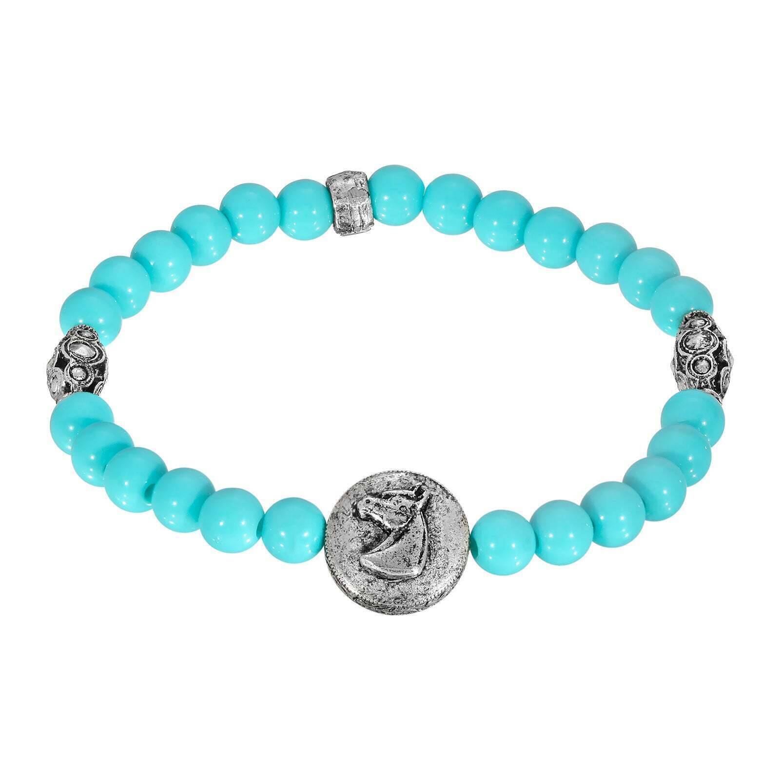 1928 Jewelry Horse Head Turquoise Beaded Stretch Bracelet for Women - Boho Chic Handmade Beaded Accessory for Casual Wear, Gift Giving & Western Fashion