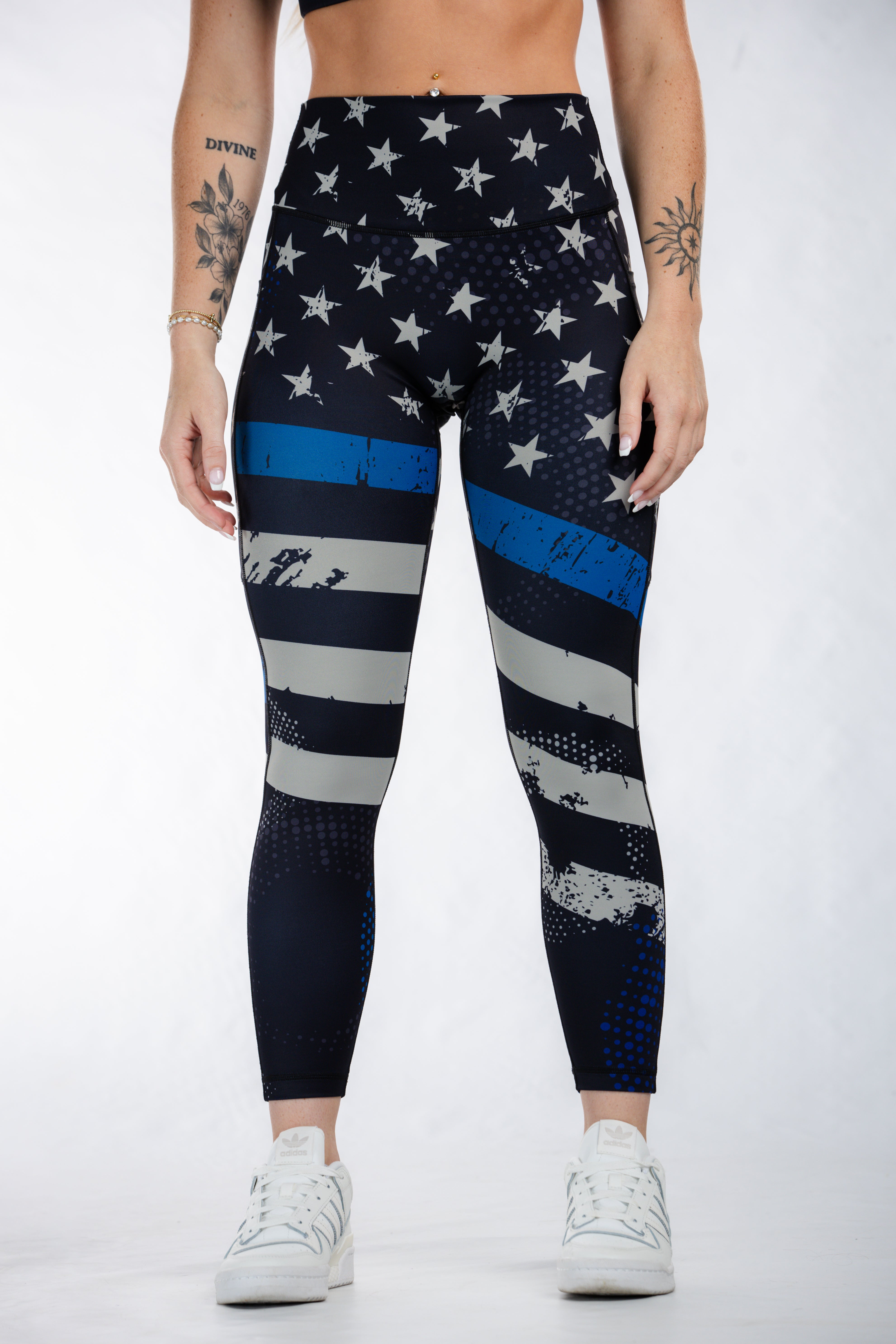 Empowered Leggings for Women - High Waist Yoga Pants with Blue Line Design | Perfect for Workout, Running & Casual Wear