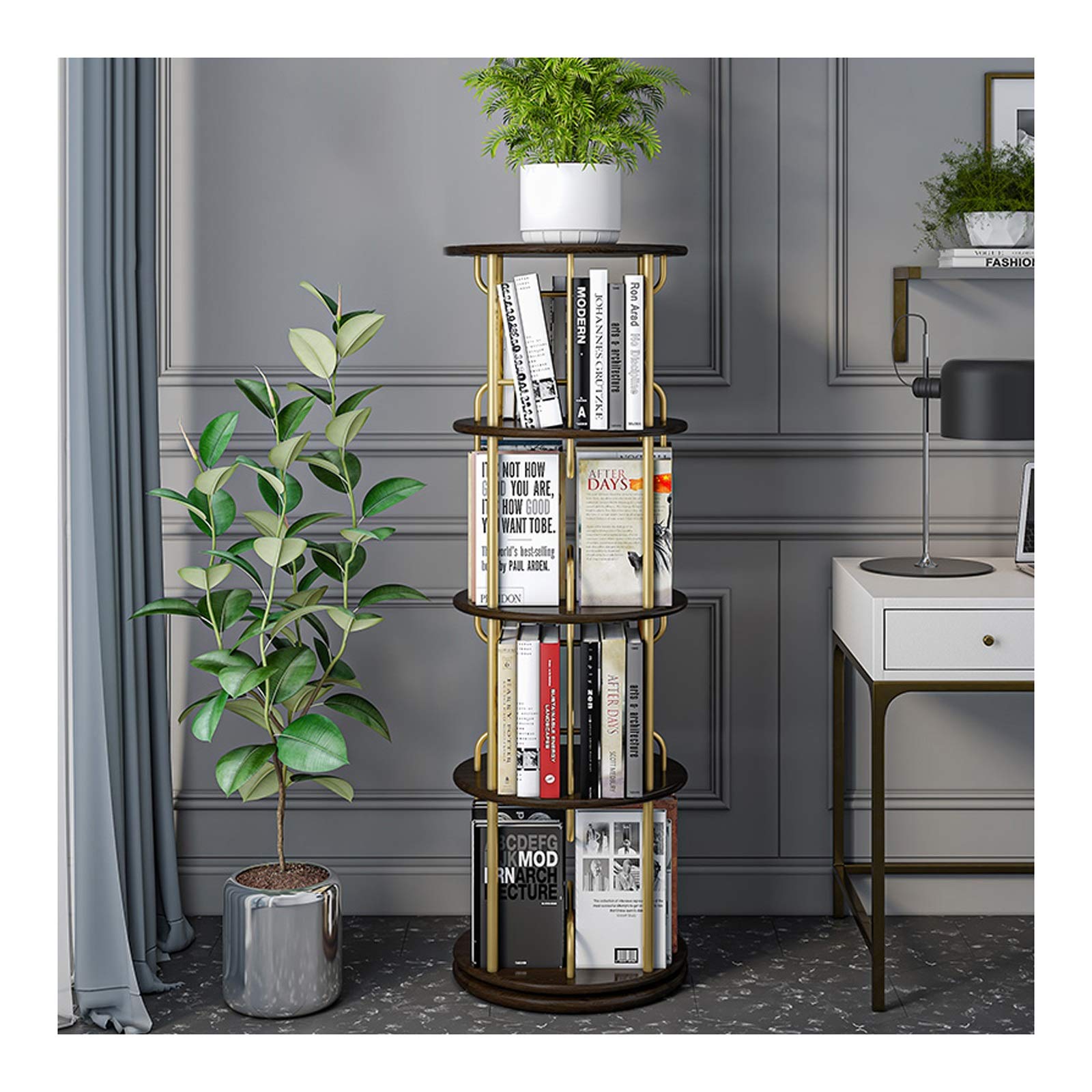 TOMYEUS 4-Shelf Revolving Bookcase - Space-Saving Round Floor-to-Ceiling Bookshelf with Wood Partitions & Golden Metal Tubes - Modern Black Walnut Design for Living Room, Office, or Study