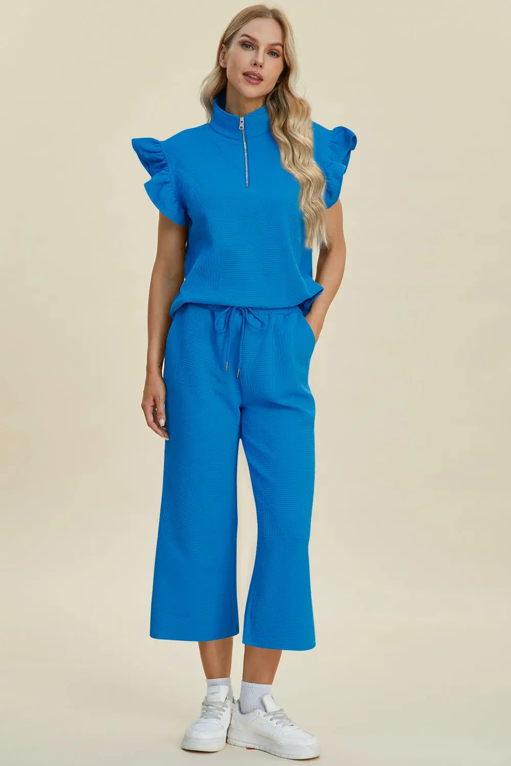 Double Take Women's Full Size Textured Ruffle Short Sleeve Top & Wide Leg Pants Set | Casual Outfit for Summer, Beach, Date Night & Office Wear
