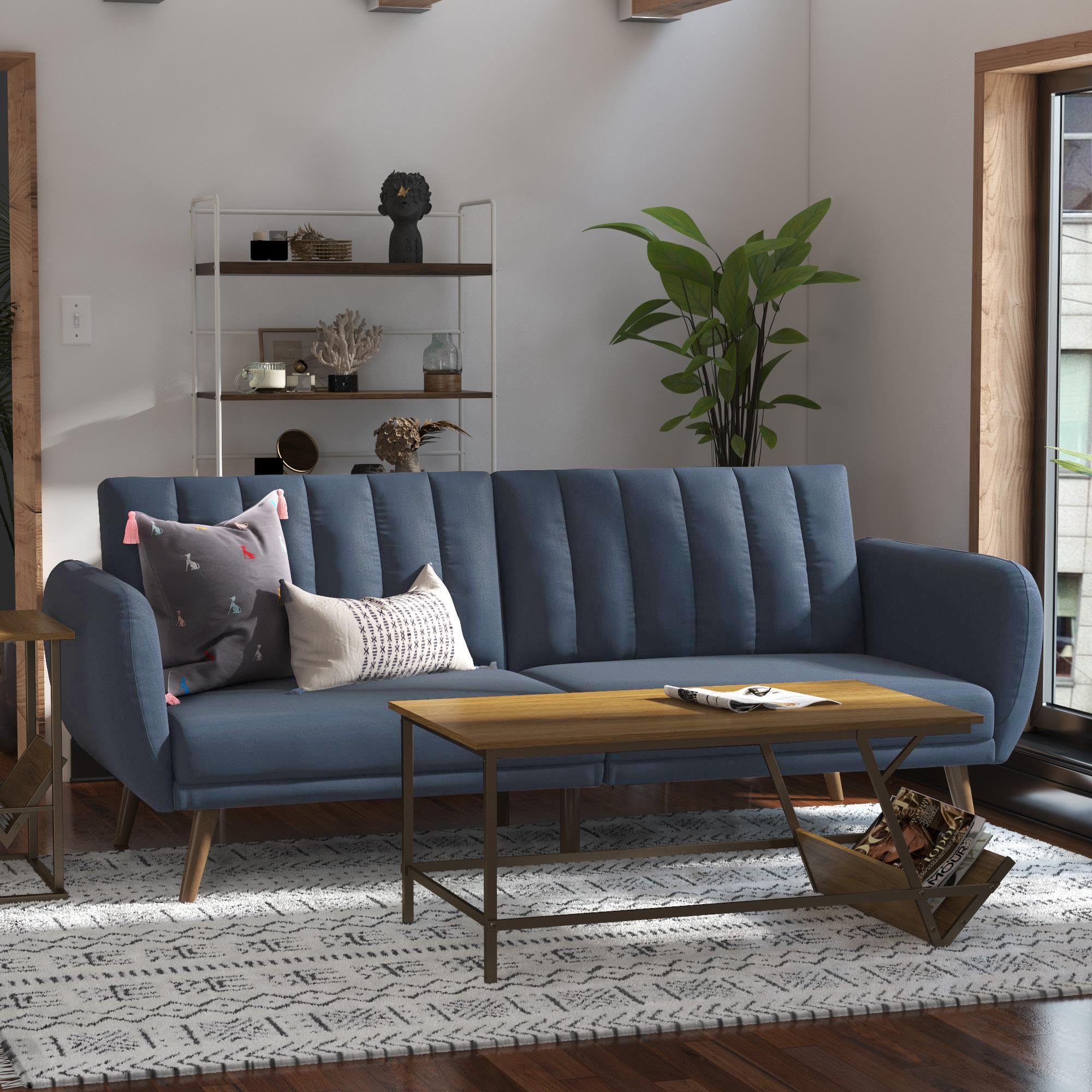 Novogratz Brittany Sofa Futon - Premium Linen Upholstery with Wooden Legs in Blue | Convertible Sleeper Sofa for Small Spaces, Living Room & Guest Room