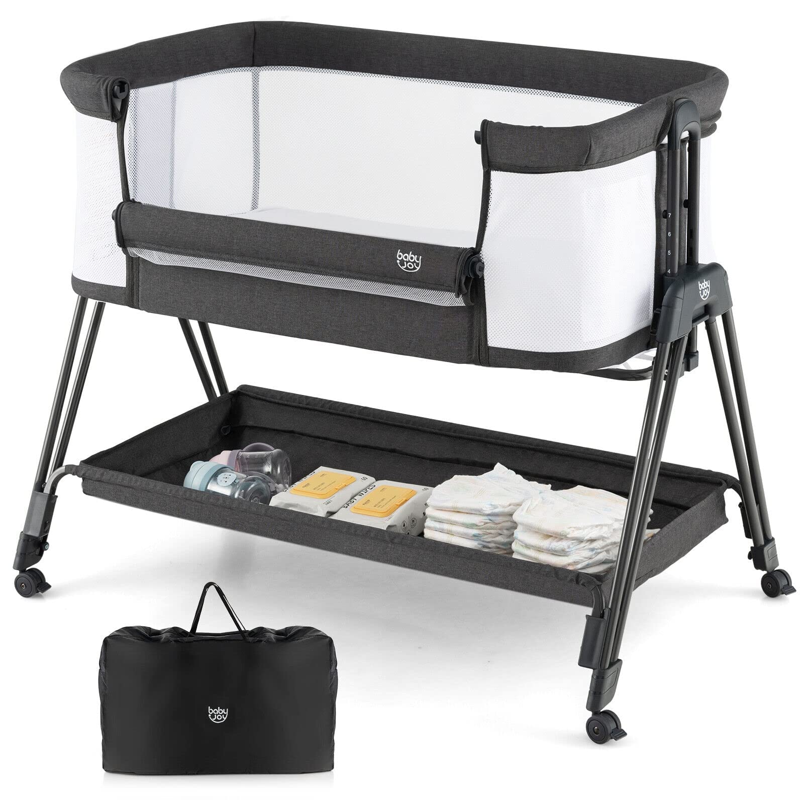 BABY JOY Portable Bassinet Bedside Sleeper - Foldable Crib with Breathable Mesh Sides, Storage Shelf & 7 Height Adjustments | Includes Mattress & Travel Bag for Safe Co-Sleeping | Perfect for Newborns & Infants (Black) | Ideal for Nursery, Bedroom & Travel Use