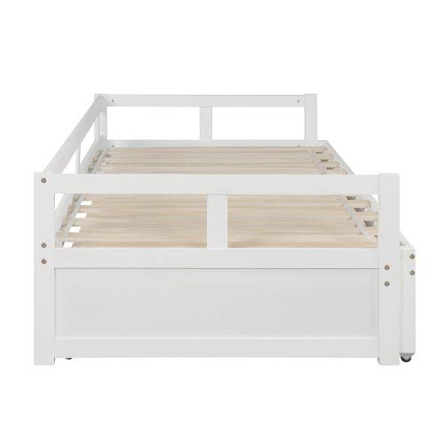 **Merai Extendable Daybed Frame with Trundle - Solid Wood Bed Frame, No Box Spring Needed, White Finish - Perfect for Guest Rooms, Kids' Rooms & Small Spaces**