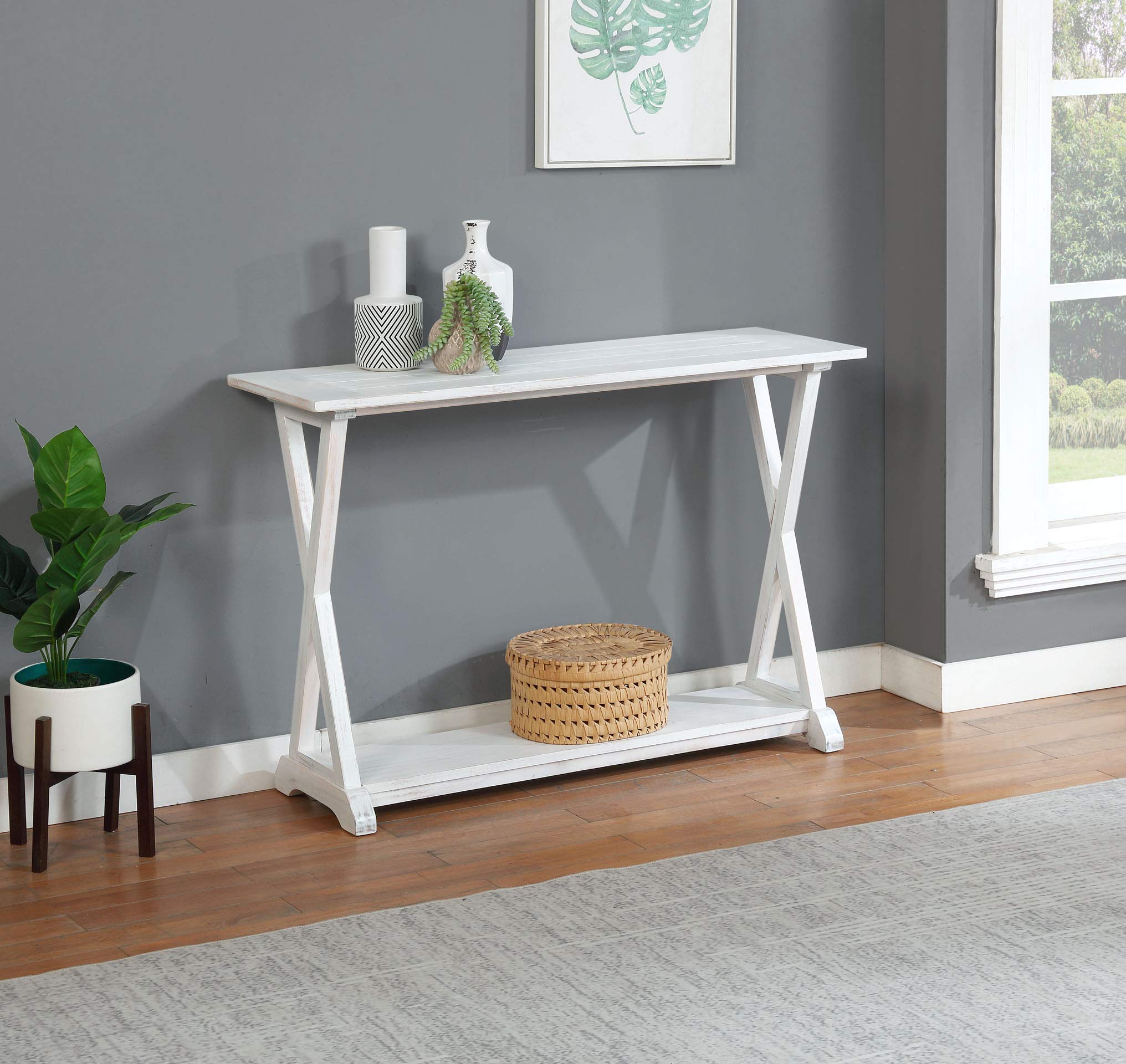 X-Farmhouse Console Table with Storage Shelf - White Wash Entryway Table for Hallway, Living Room & Bedroom | Rustic Farmhouse Style Home Decor