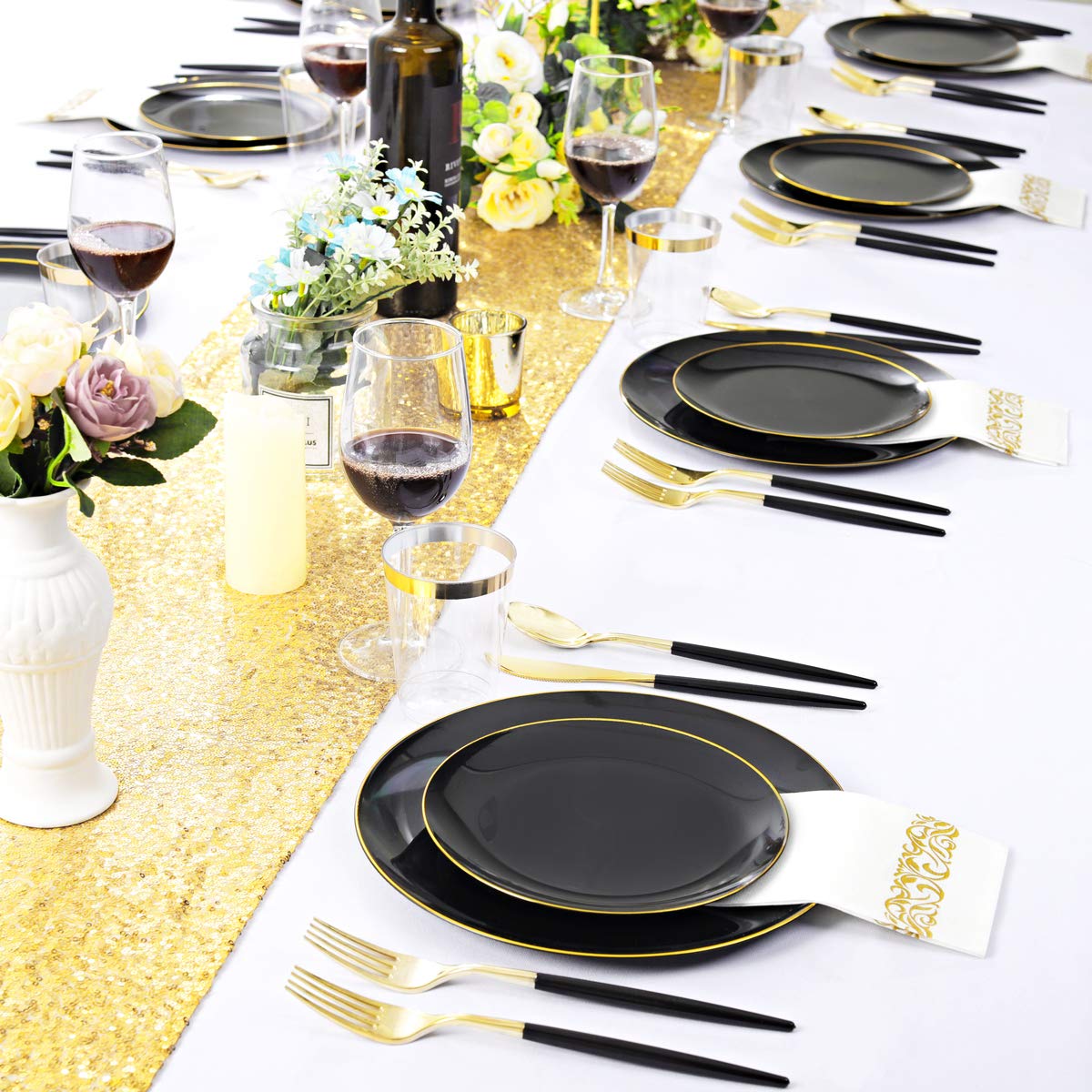 Premium 350-Piece Black Plastic Dinnerware Set with Gold Rim - Elegant Black & Gold Plastic Plates, Forks, Knives, Spoons & Cups - Perfect for Weddings, Christmas Parties & Formal Events