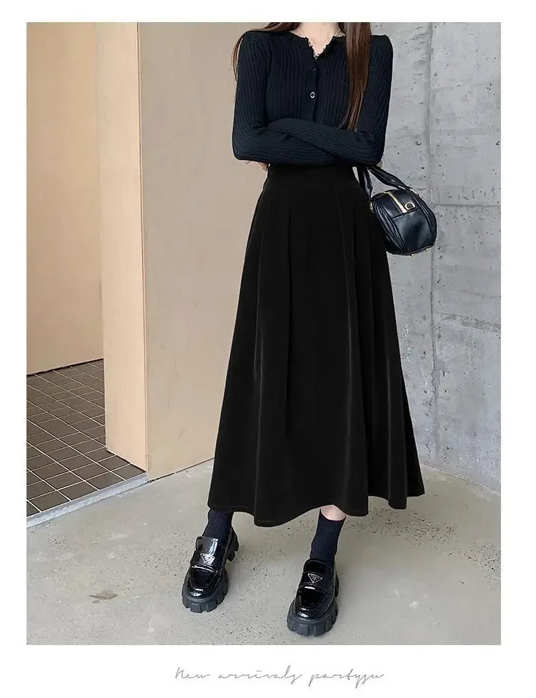 2024 Women's Vintage Red Velvet A-Line Skirt - High Waist Elegant Pleated Swing Skirt for Autumn Winter Warmth | Perfect for Casual Wear, Parties & Office Outfits