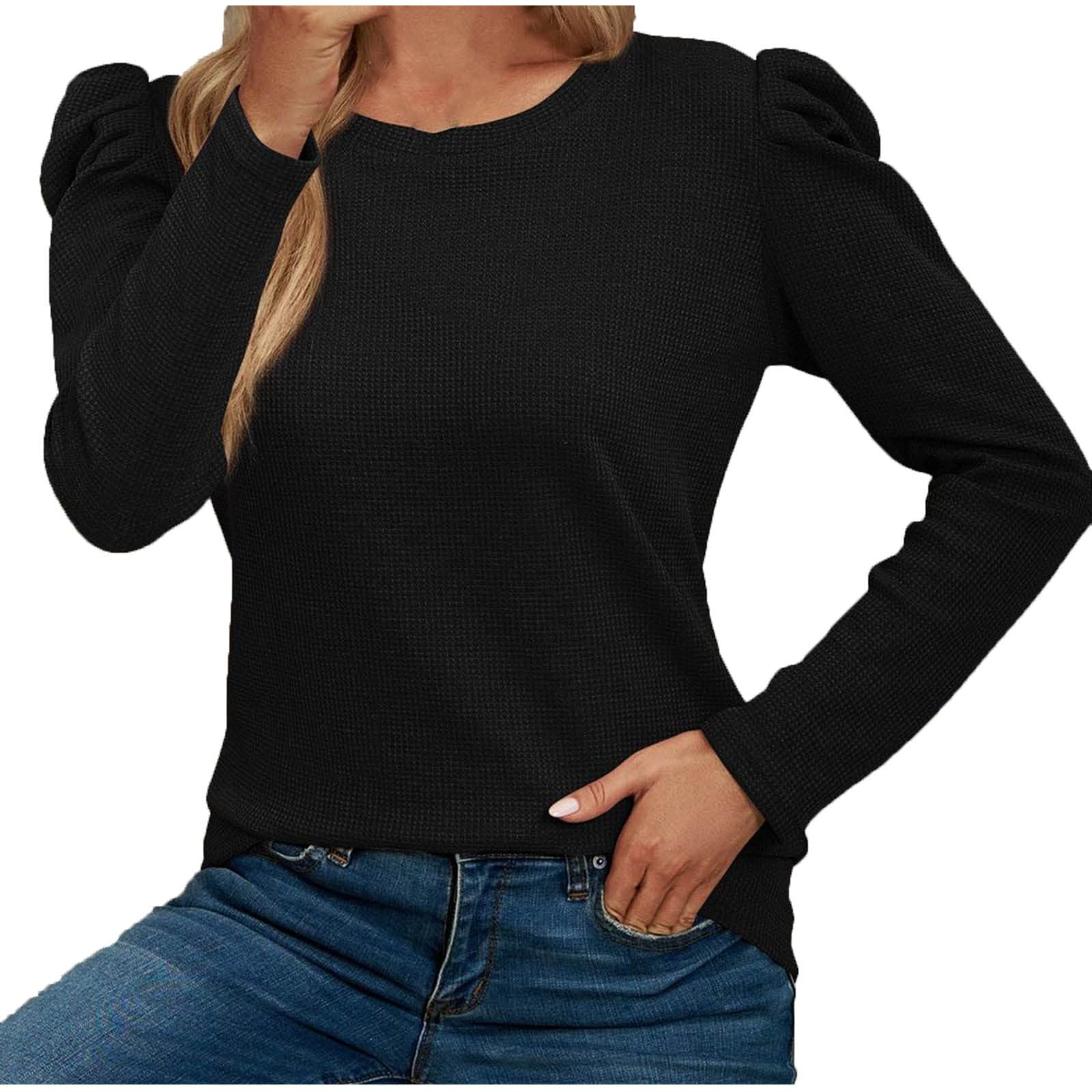 Women's Casual Puff Long Sleeve Shirt - Classic Round Neck Office Blouse - Waffle Knit Solid Color Tops for Work & Everyday Wear - Perfect for Business Casual, Office Outfits & Fall Layering