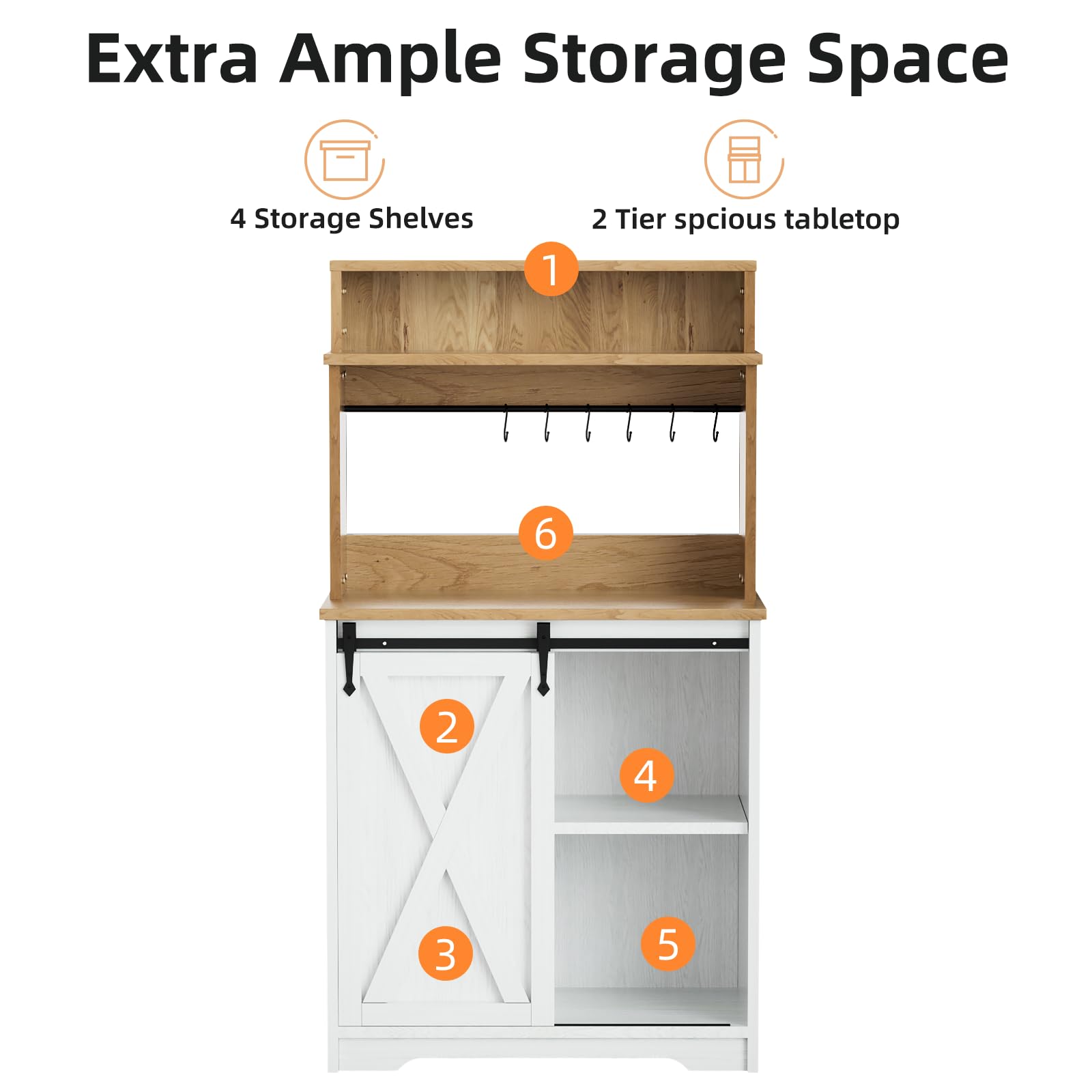 Farmhouse Coffee Station with 3-Tier Storage Hutch & 6 Hooks - 56 Inch Rustic Coffee Bar Table with Adjustable Shelves for Kitchen, Living Room or Dining Room - Perfect for Organizing Mugs, Coffee Supplies & Decor