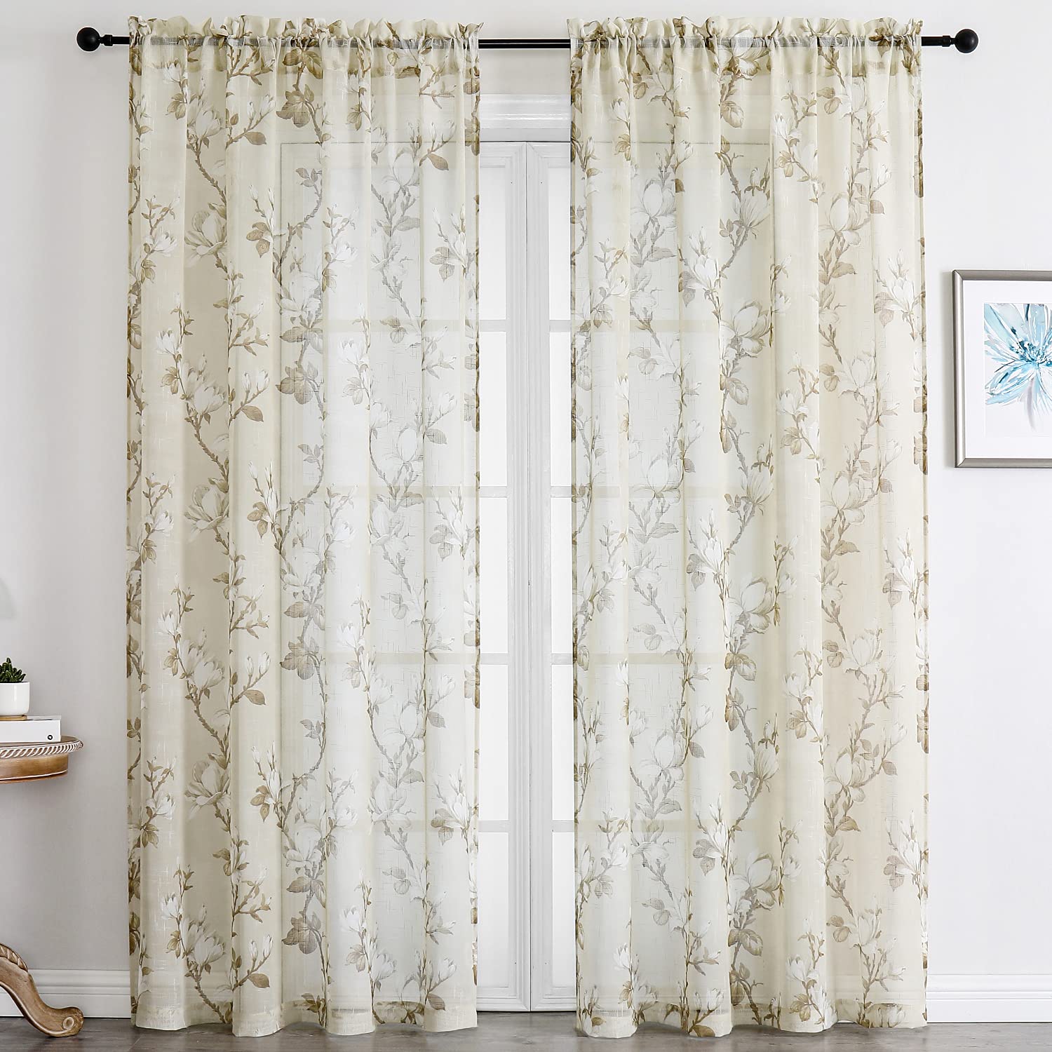 SMILE WEAVER 63 Inch Light Filtering Semi-Sheer Voile Curtains - Nature Yellow Floral Linen Textured Window Drapes for Living Room, Bedroom & Kitchen (Set of 2 Panels) | Soft Sunlight Diffusion & Elegant Home Decor