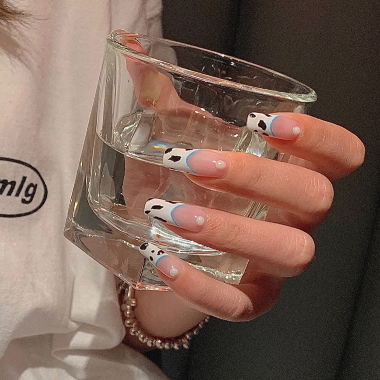 Press on False Nails - Milk White Pattern with Ballet Length & Pearl Accents | Easy to Apply & Removable Fake Nails for Manicure | Perfect for Weddings, Parties & Everyday Glam