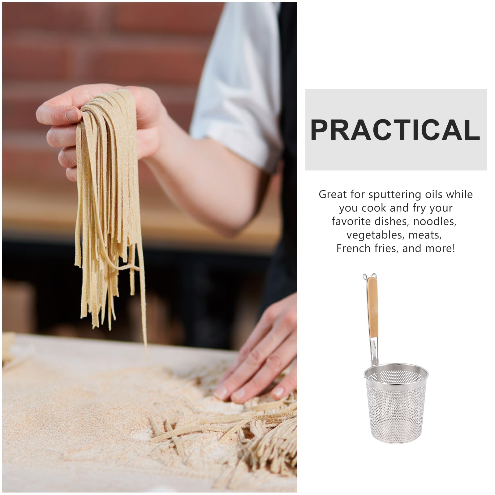 Stainless Steel Large Round Wok Strainer Colander with Wooden Handle - 14cm Fry Basket for Udon, Pasta, Noodle & Ramen - Perfect for Rinsing, Straining, Boiling & Frying in Asian & Italian Cooking