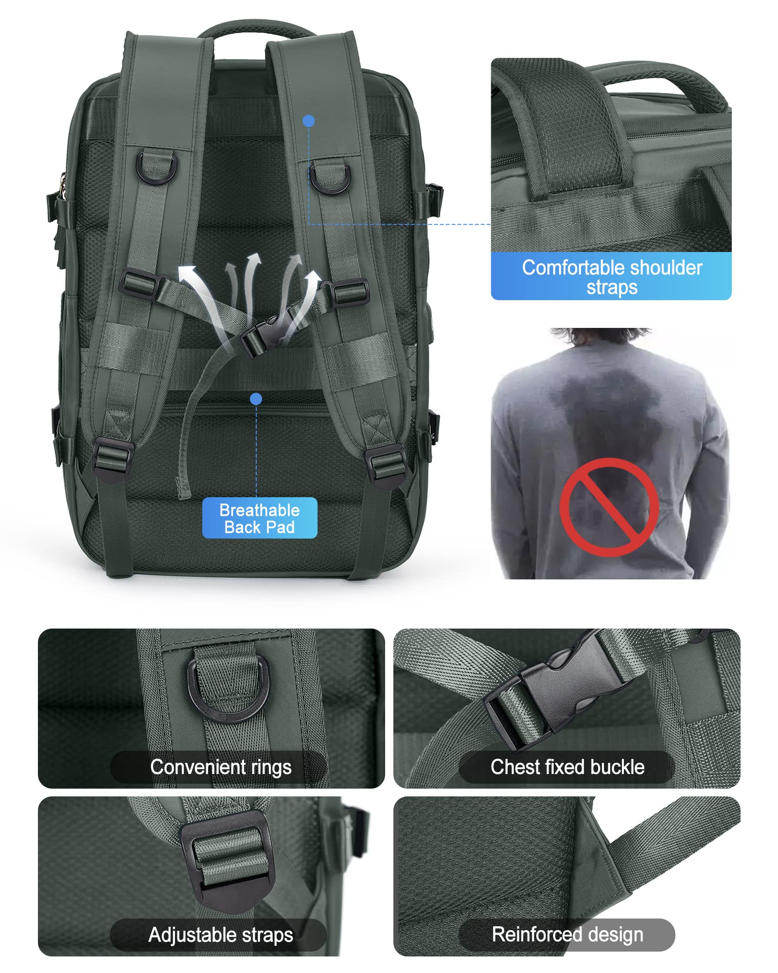 VGCUB Expandable Waterproof Travel Backpack for Women & Men - 17 Inch Laptop Compartment, Carry-On Approved, Business Work Bag, Mochila de Viaje, Green - Perfect for Commuting, Hiking, and Air Travel
