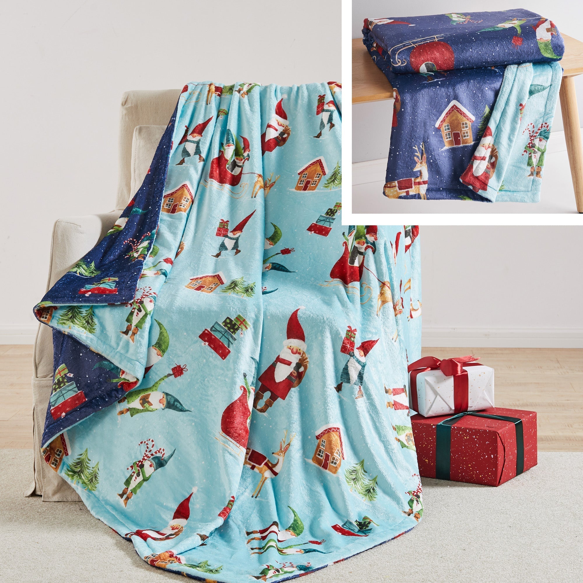 Cozy Holiday Gnome Mint Blanket - Soft Reversible Navy Blue Throw for Christmas Decor, Gifts & Winter Warmth