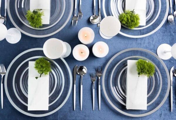24-Pack Clear & Silver Rim Plastic Dinnerware Set for 8 Guests - Elegant Disposable Plates, Bowls, Cups & Cutlery - Perfect for Parties, Weddings, Picnics & Outdoor Events