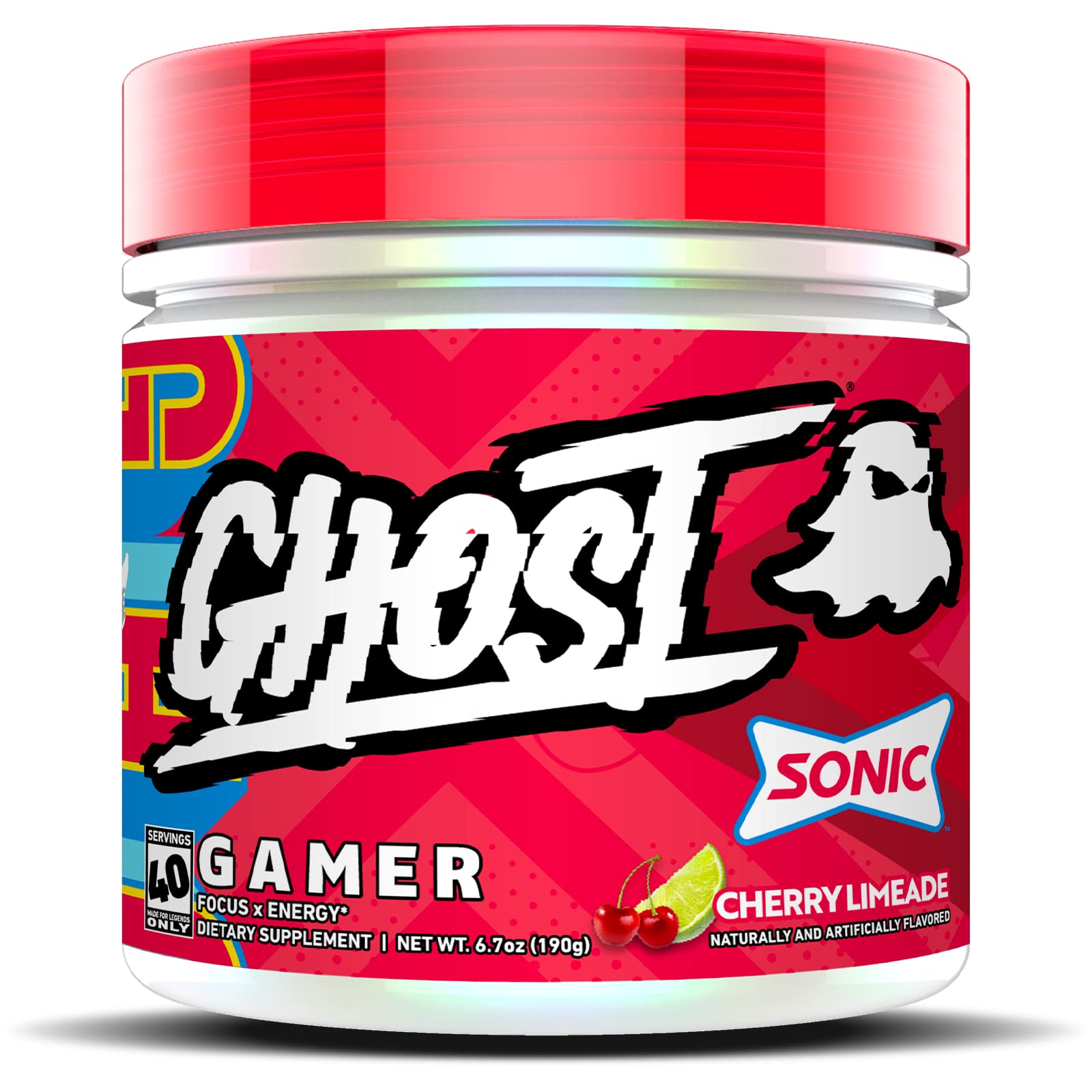 GHOST Gamer Energy Drink Powder - Sonic Cherry Limeade Flavor | 40 Servings of Natural Caffeine & Nootropics for Focus, Accuracy & Reaction Time | Vegan, Gluten-Free Supplement | Perfect for Esports, Gaming Sessions & Work Productivity