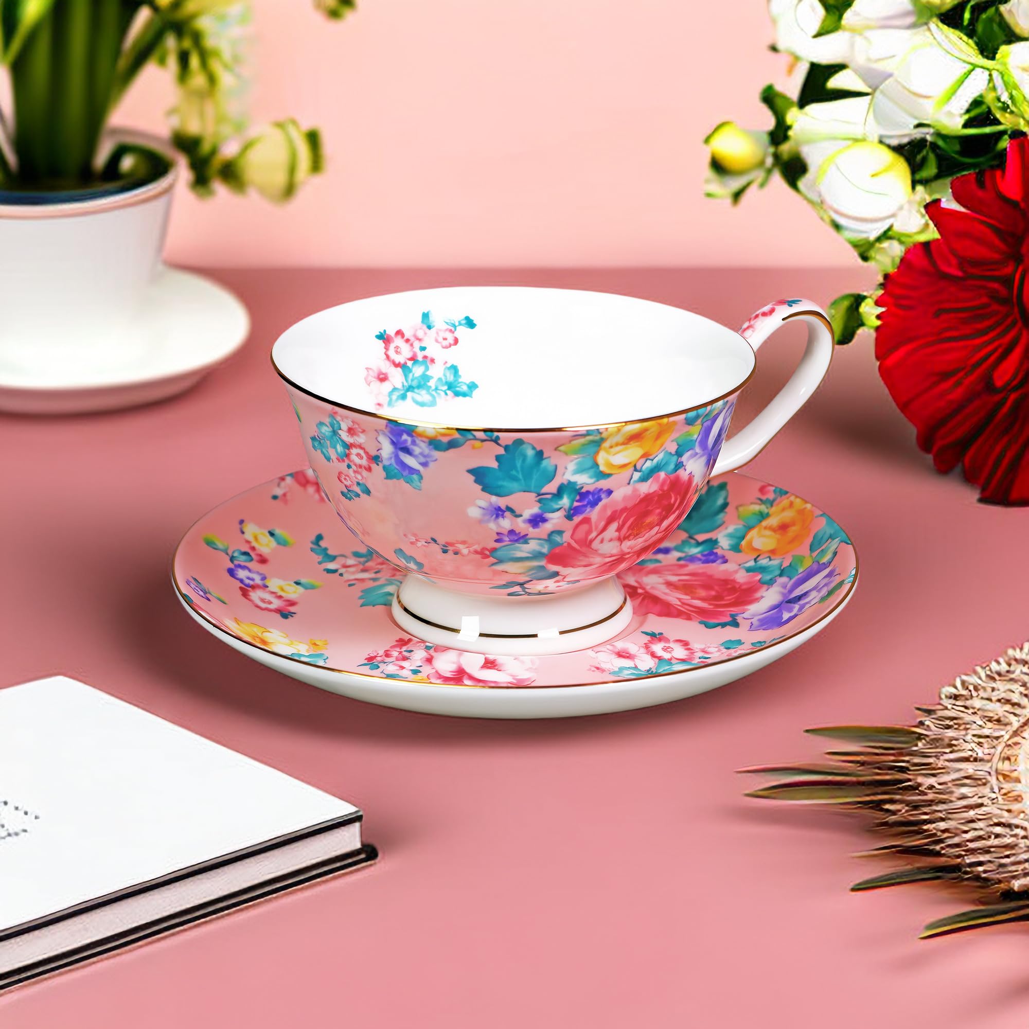 7oz Floral Bone China Tea Cup and Saucer Set - Elegant Coffee & Tea Drinking Set for Women, Perfect Gift for Mom, Friends & Tea Parties - Ideal for Afternoon Tea, Bridal Showers & Home Decor