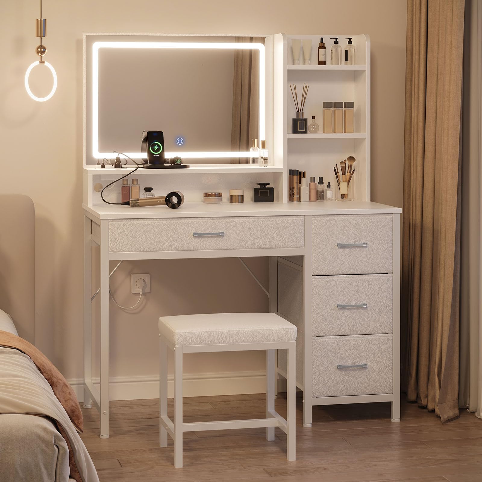 Rolanstar White Vanity Desk Set with Mirror, LED Lights & Stool - 4 Drawers, Power Outlets, Storage Compartments - Modern Dressing Table for Makeup, Skincare & Bedroom Organization (Perfect for Small Spaces & Beauty Routines)