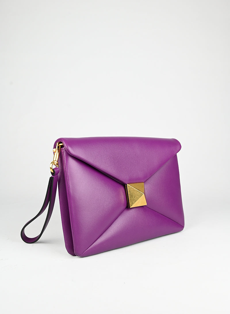 Valentino Leather Clutch Bag with Roman Studs in Purple - Perfect for Evening Parties & Special Occasions