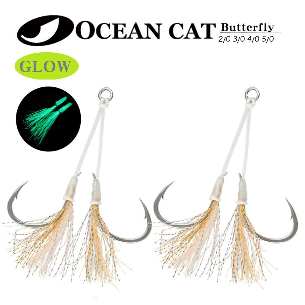 OCEAN CAT Butterfly Glow Jigging Lures - Slow & Fast Fall Saltwater Fishing Hooks (Size 2/0-6/0) for Deep Sea, Offshore & Night Fishing