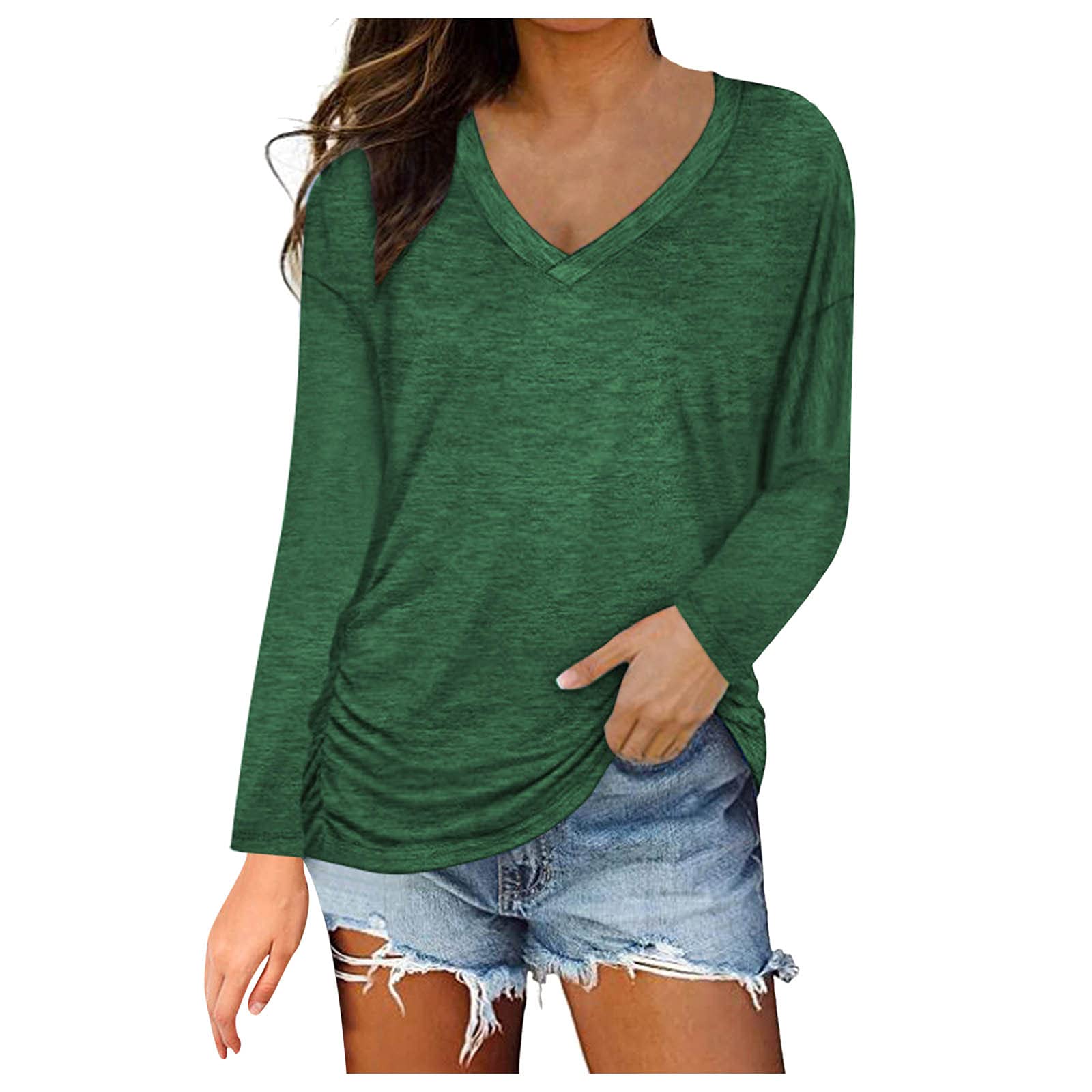 Women's V-Neck Loose Fit Long Sleeve T-Shirt - Soft Summer Basic Top Blouse for Casual Wear & Layering