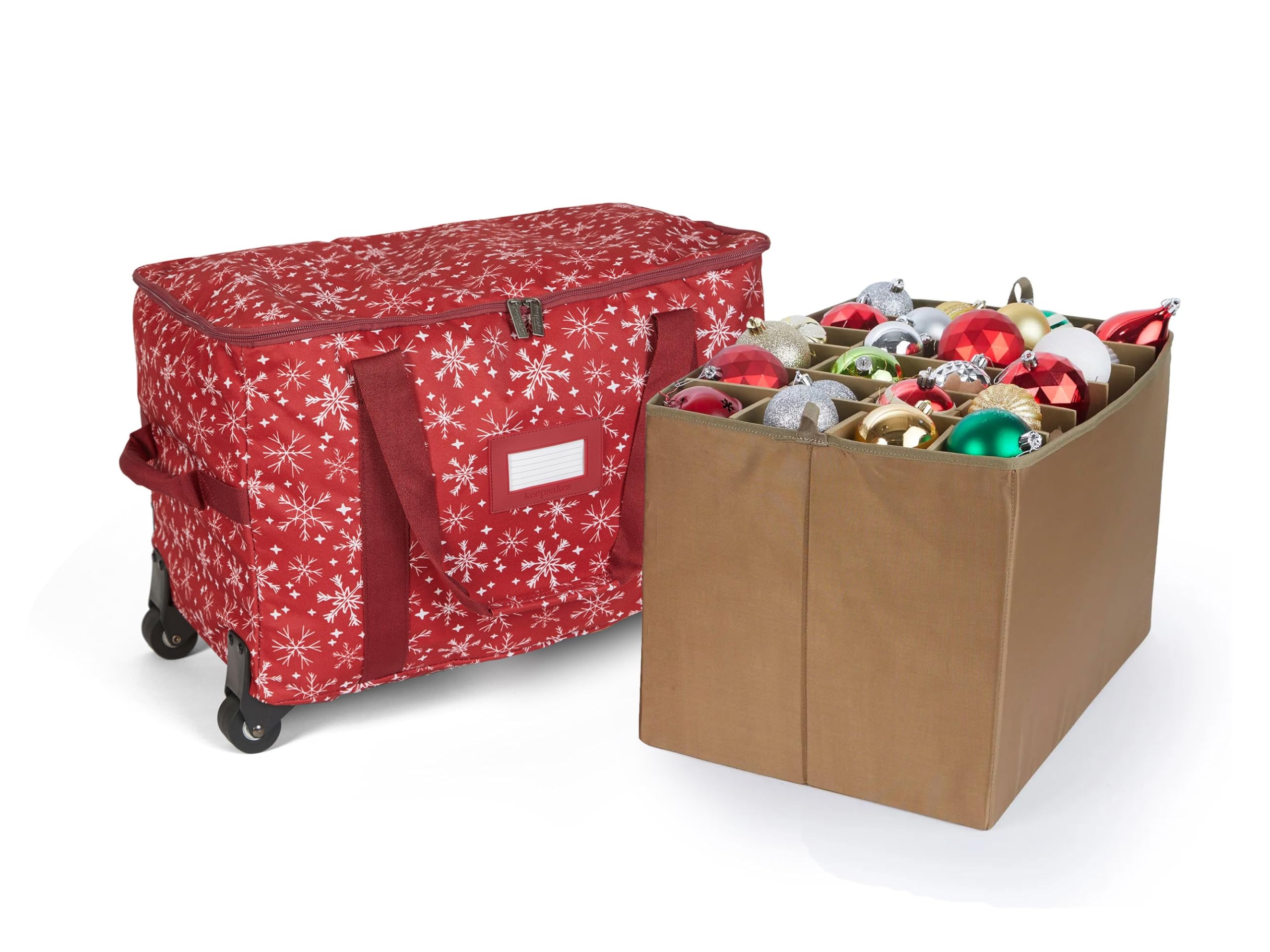 Covermates Keepsakes Rolling Adjustable Ornament Storage Bag with Carrying Handles - Padded Protection & Dual Wheels for Holiday Decorations - Red Snowflake Design - Perfect for Christmas Tree Ornament Storage and Seasonal Decoration Organization