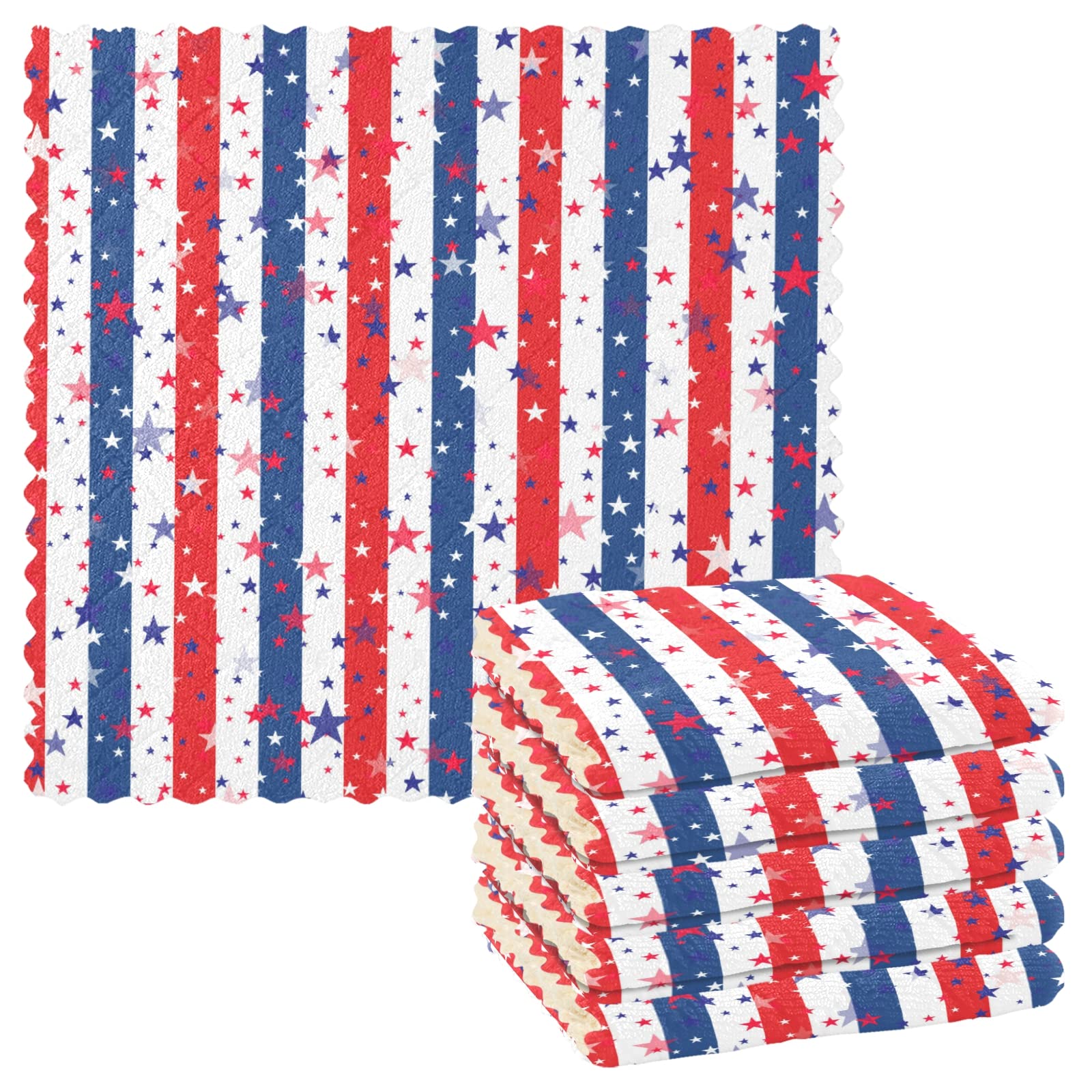 USA Flag 4th of July Dish Towels - Set of 6 Absorbent, Lint-Free Kitchen Cleaning Cloths (11
