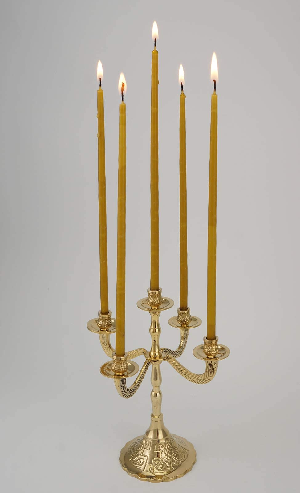 Traditional Orthodox Brass Candelabra with 5 Arms - Includes 100 Pure Beeswax Candles for Prayer Corner, Home Altar & Church Decor | Religious Candle Holder for Orthodox Christian Worship, Meditation & Spiritual Spaces
