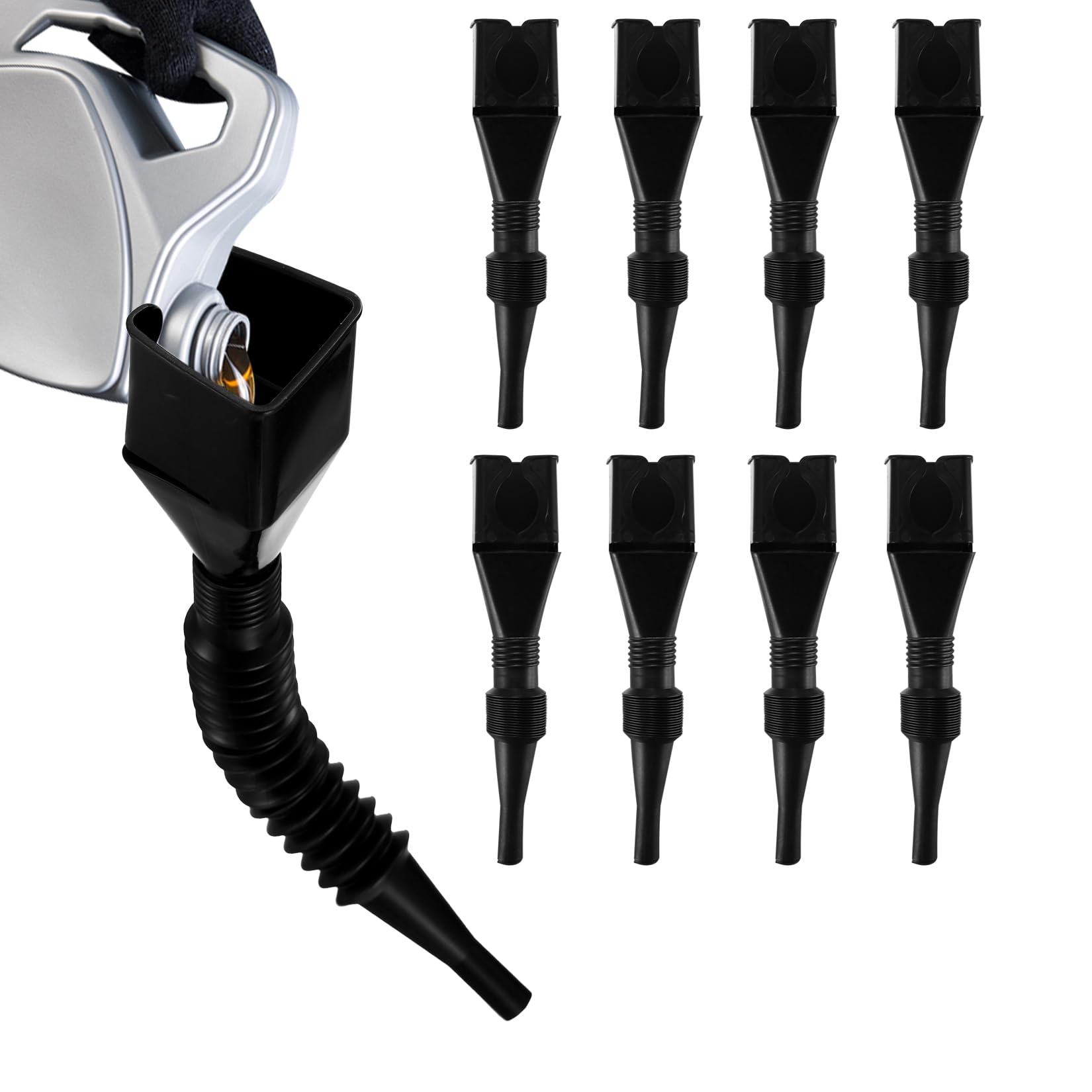 8-Piece Snap Funnel Set with Extendable Flexible Spout - Universal Car Oil Drain Tool for Gas, Diesel, Water & Motorcycle Maintenance - Plastic Fluid Funnel for Automotive, Home & Workshop Use (Black)