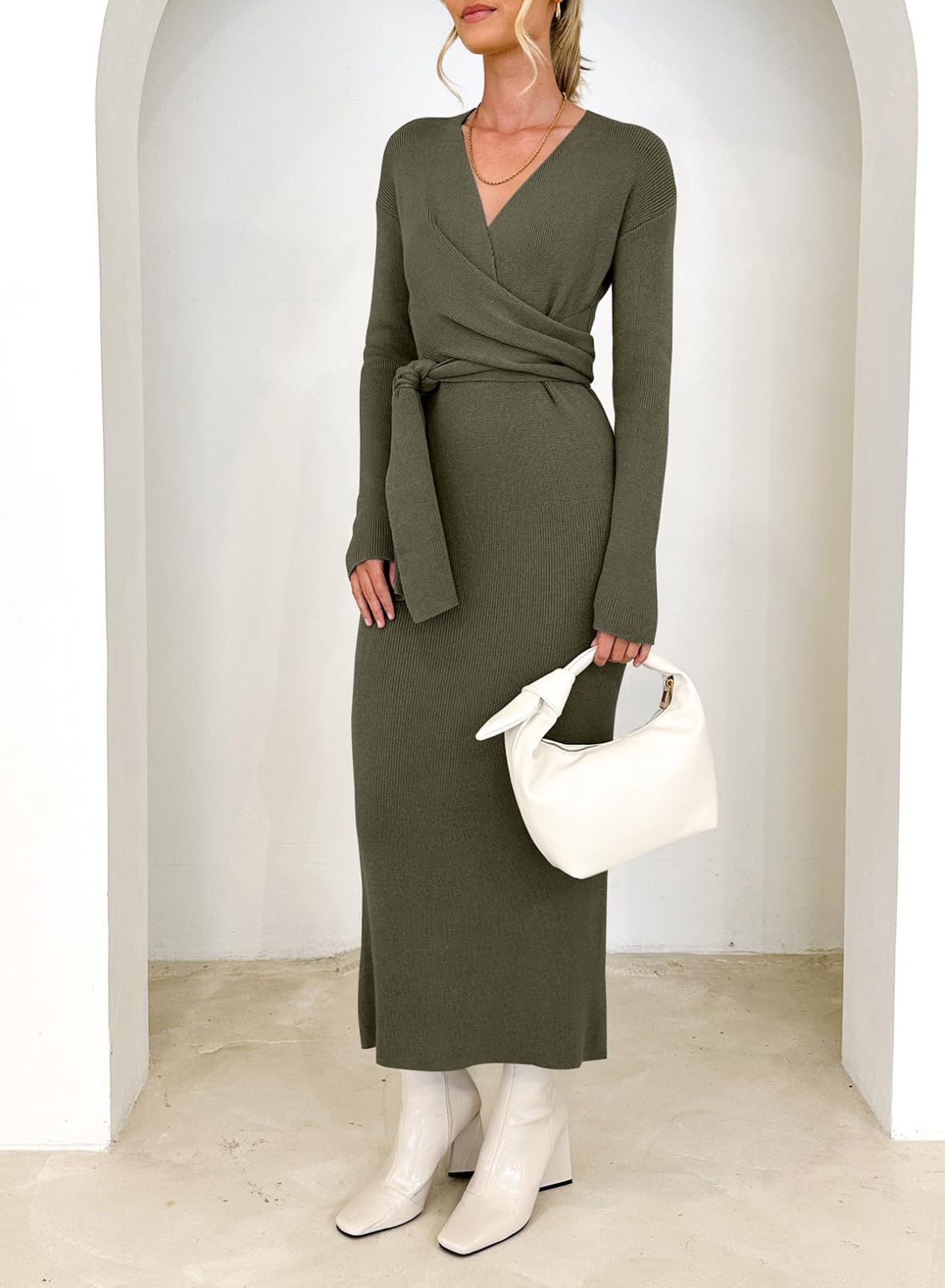Happy Sailed Women's Knit Dress - Spring Long Sleeve Wrap V-Neck Tie Waist Ribbed Sweater Dress for Work, Date Night & Casual Outings