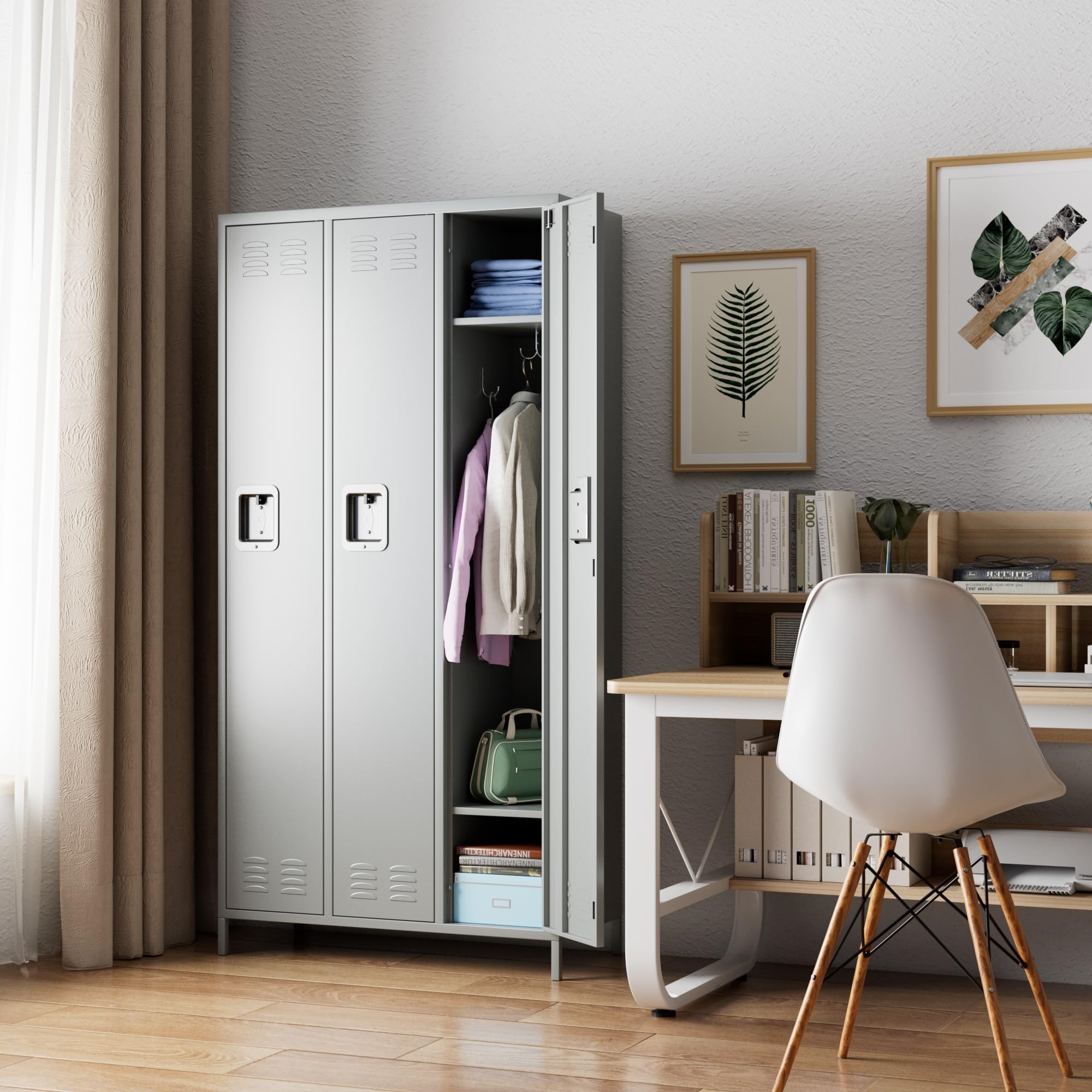3-Door Metal Storage Locker with Hooks - Light Gray Employee Locker for School, Hospital, Gym, Home Office & Garage - Easy Assembly | Perfect for Employee Storage, Sports Equipment & Organization