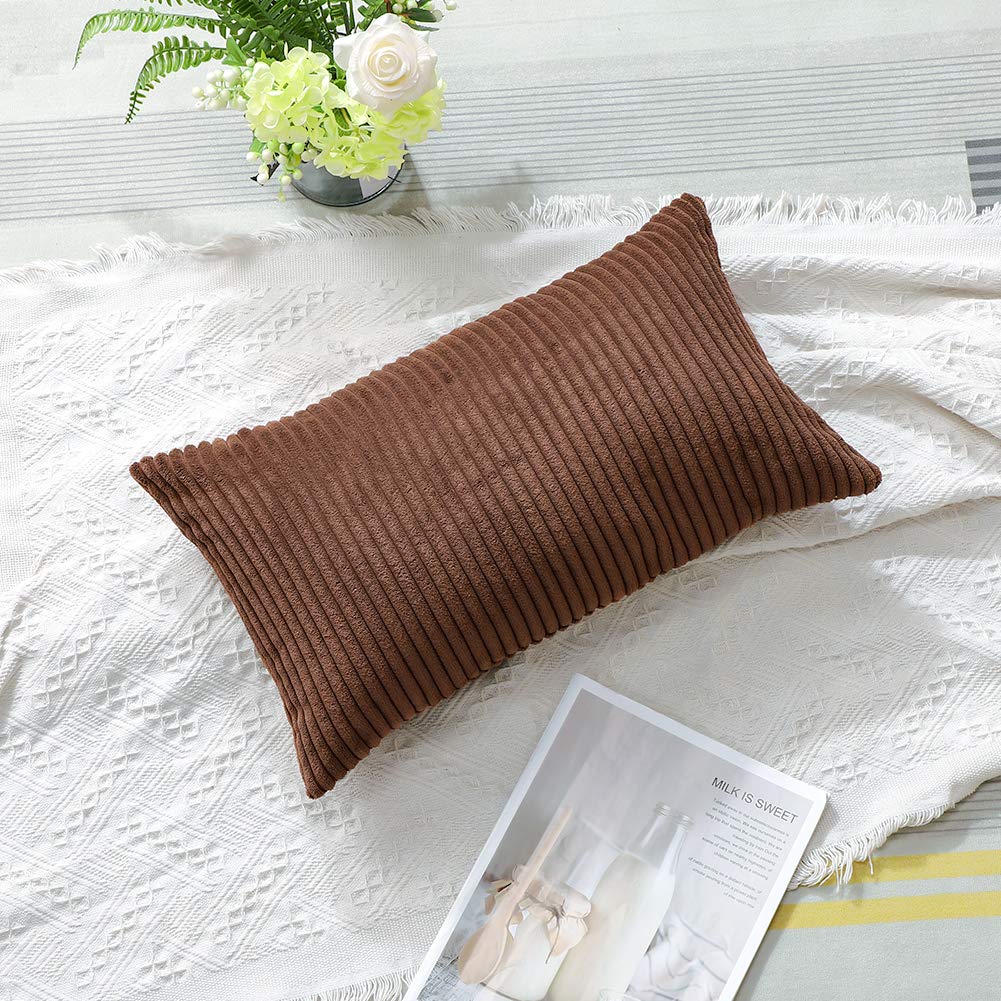 Artscope Cozy Striped Corduroy Pillow Covers - Super Soft Decorative Oblong Throw Pillow Cases (12x20 Inches, Brown) for Sofa, Couch, Bedroom & Car Decor | Perfect for Living Room Accents, Home Styling & Cozy Comfort