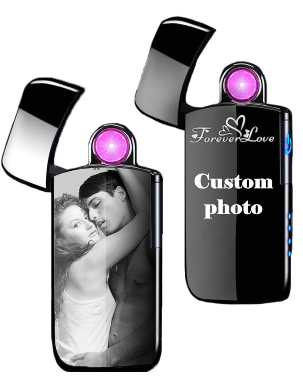 Custom Personalized USB Rechargeable Arc Lighter with Rotating Flame - Engraved Photo Gift for Men (Black, Single-Sided) - Perfect for Camping, Outdoor Adventures & Special Occasions