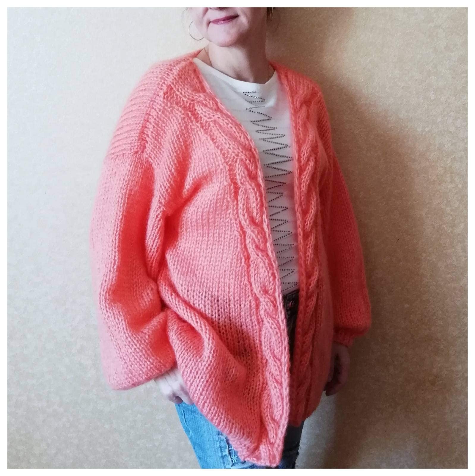 Handmade Mohair Peach Women's Cardigan - Oversized Open Knit Braid Sweater with Flashlight Sleeves | Warm Winter Fashion for Casual Outings & Cozy Home Wear