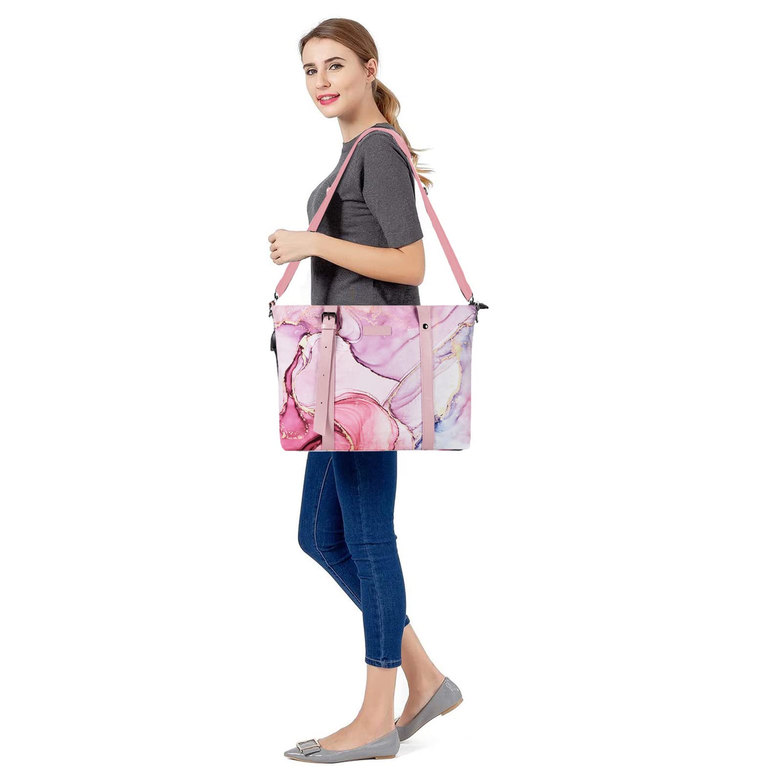 MOSISO 17-17.3 Inch Laptop Tote Bag for Women - USB Charging Port, Adjustable Handle, Polyester Work Travel Office Shoulder Bag (Marble MO-MBH216) - Perfect for Business Trips, Commuting & Daily Use