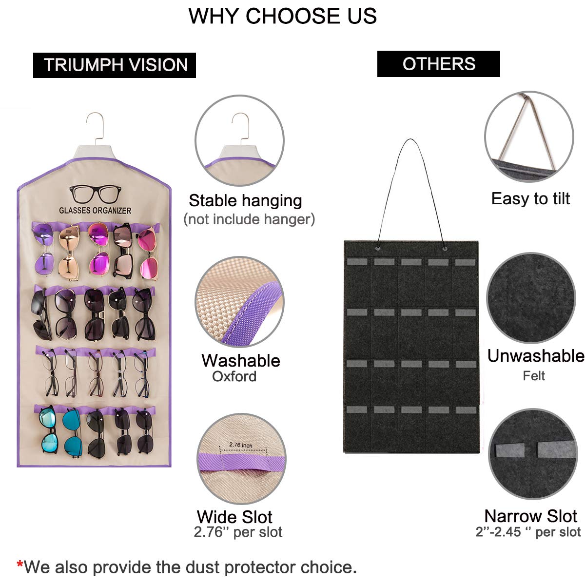TRIUMPH VISION Black & Purple Wall-Mounted Sunglasses Organizer with 20 Slots - Hanging Glasses Display Stand | Durable Oxford Sunglasses Storage Case for Home, Office, or Retail Store