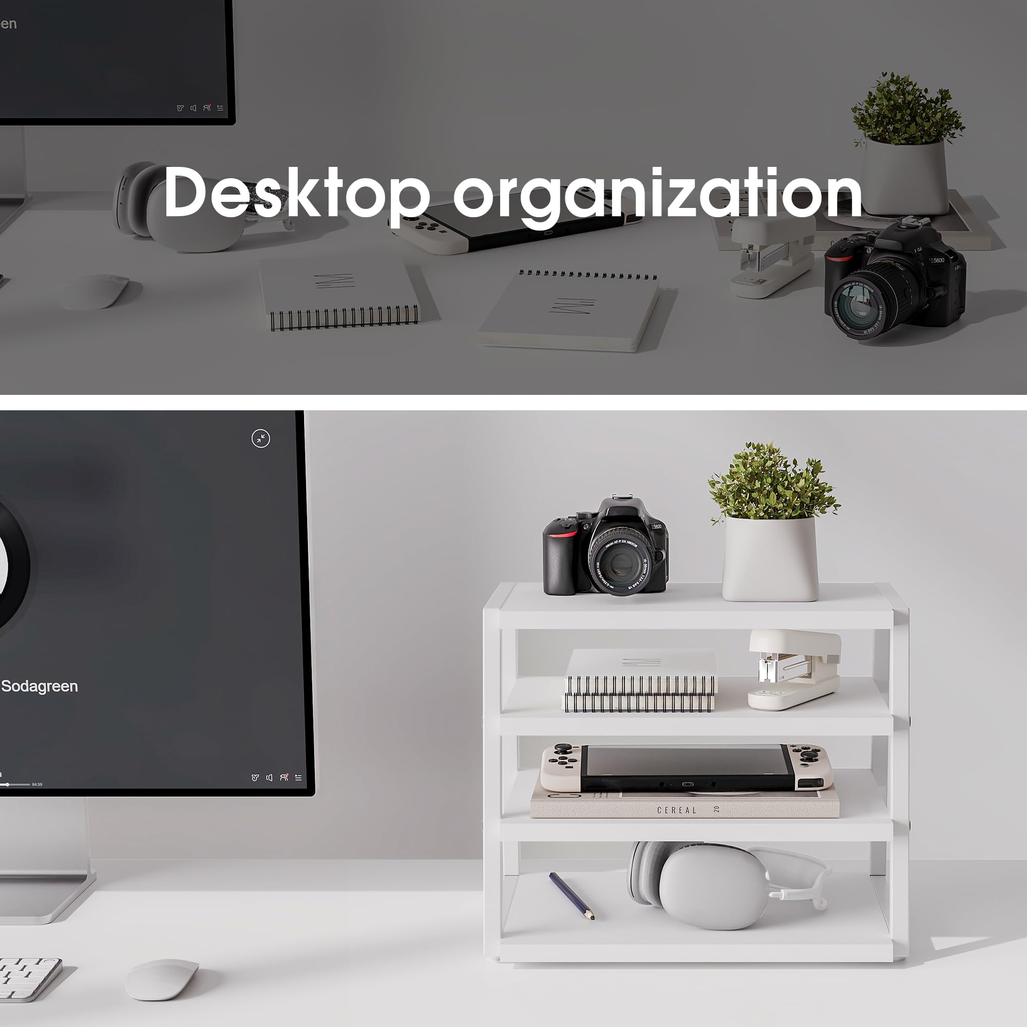4 Tier Wood and Metal Desk Shelf Organizer - Corner File Holder for Office Supplies, Top of Desk Storage Accessories - Perfect for Home Office, Study, and Workspace Organization