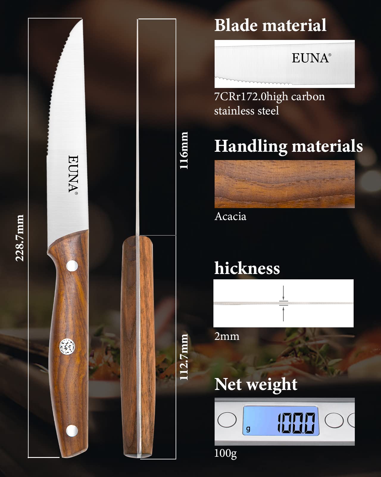 EUNA 4-Piece Steak Knife Set - 4.5 Inch Ultra Sharp Serrated Blades with Ergonomic ASH Handle - Stainless Steel Dinner Knives in Gift Box - Perfect for Steakhouse Dining, BBQ Parties & Fine Dining at Home