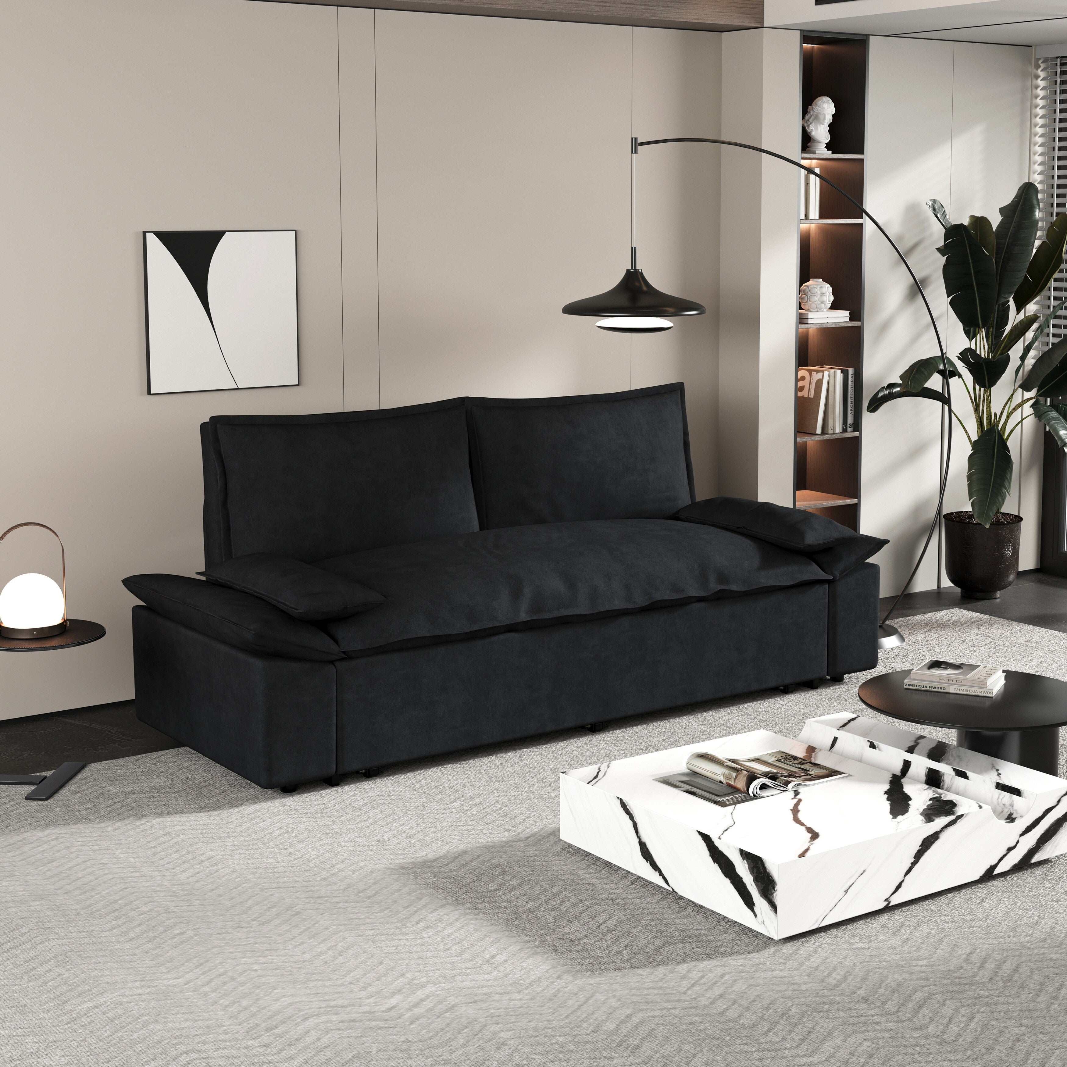 3 in 1 Convertible Sleeper Sofa Bed - Queen Size Pull Out Couch with Velvet Upholstery & Pillows - Perfect for Small Spaces, Guest Rooms & Apartments