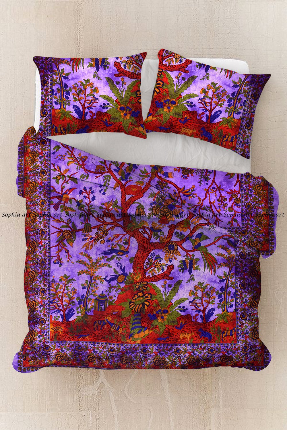 Indian Purple Tree of Life Mandala Duvet Cover Set - 100% Cotton Twin Size Bedding with Comforter, Blanket & Pillowcases - Bohemian Bedspread for Boho Chic Bedroom Decor - Perfect for Guest Rooms, Dorm Rooms & Meditation Spaces
