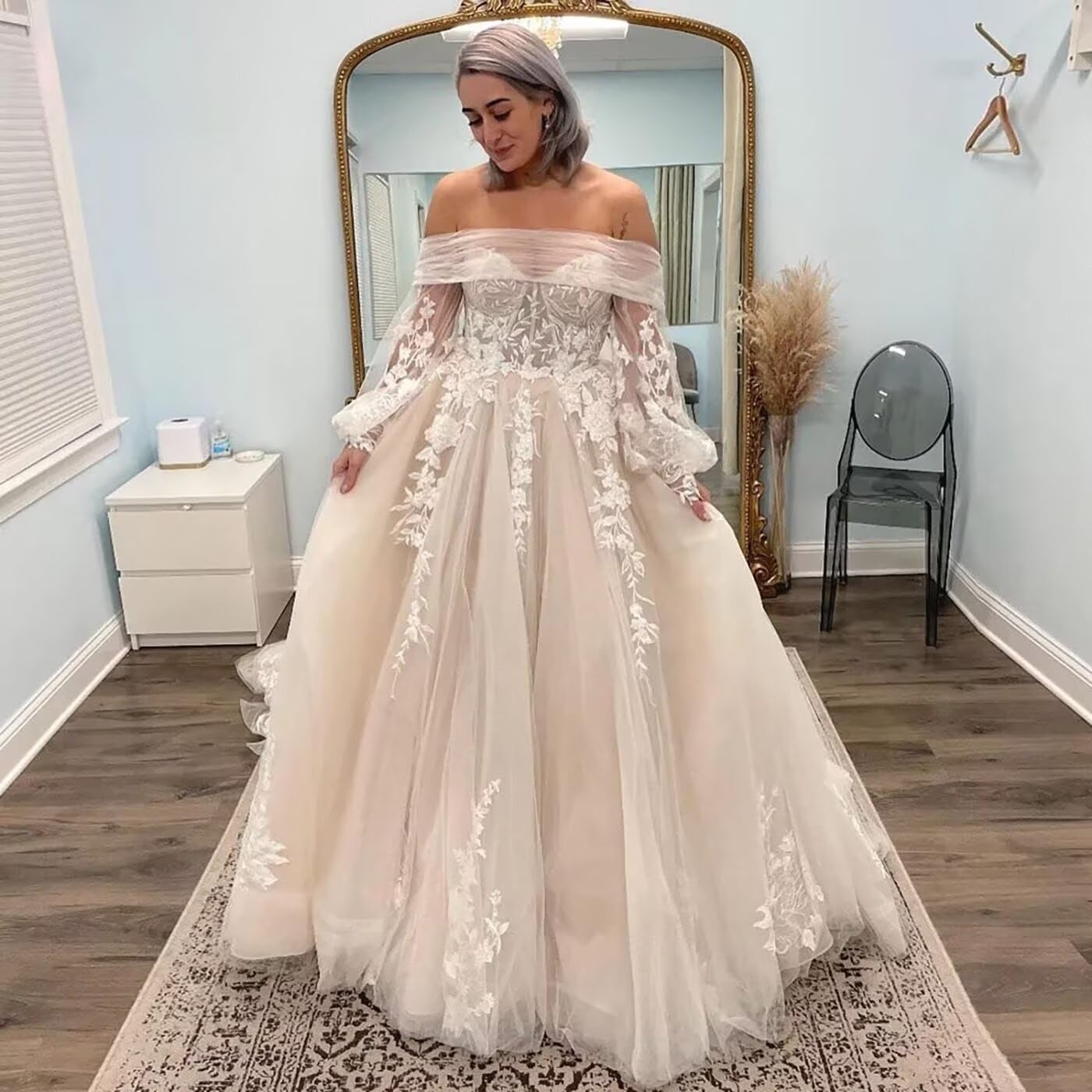Zhangyo Off Shoulder Wedding Dress for Bride - Beach Puffy Tulle Gown with Long Sleeves | Perfect for Beach Weddings, Boho Bridal Parties & Romantic Photoshoots
