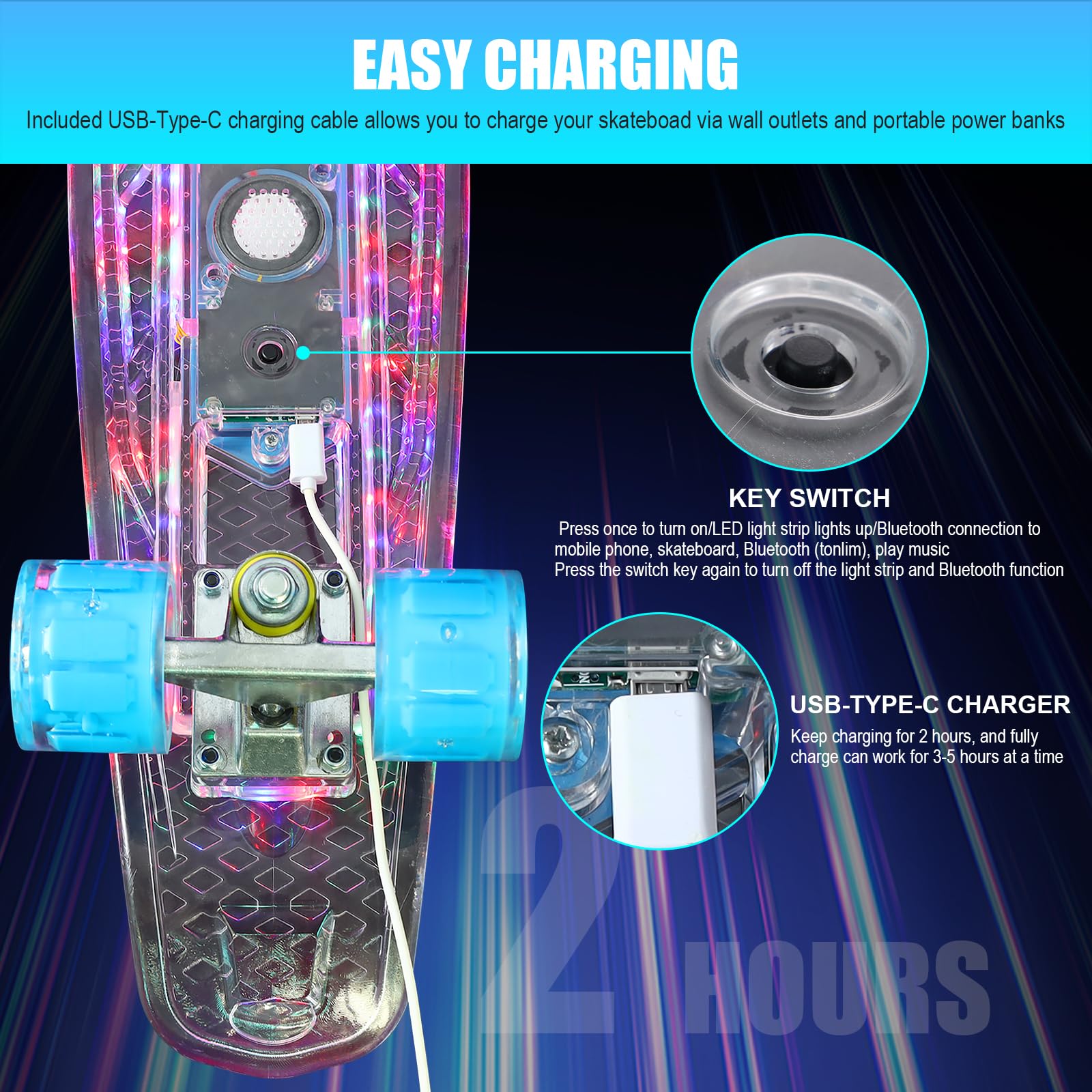 **22 Inch LED Light Up Skateboard - Complete Retro Mini Cruiser for Kids & Beginners | Smooth Riding, Durable Polypropylene Deck & PU Wheels | Perfect for Commuting, Tricks & Night Skating**