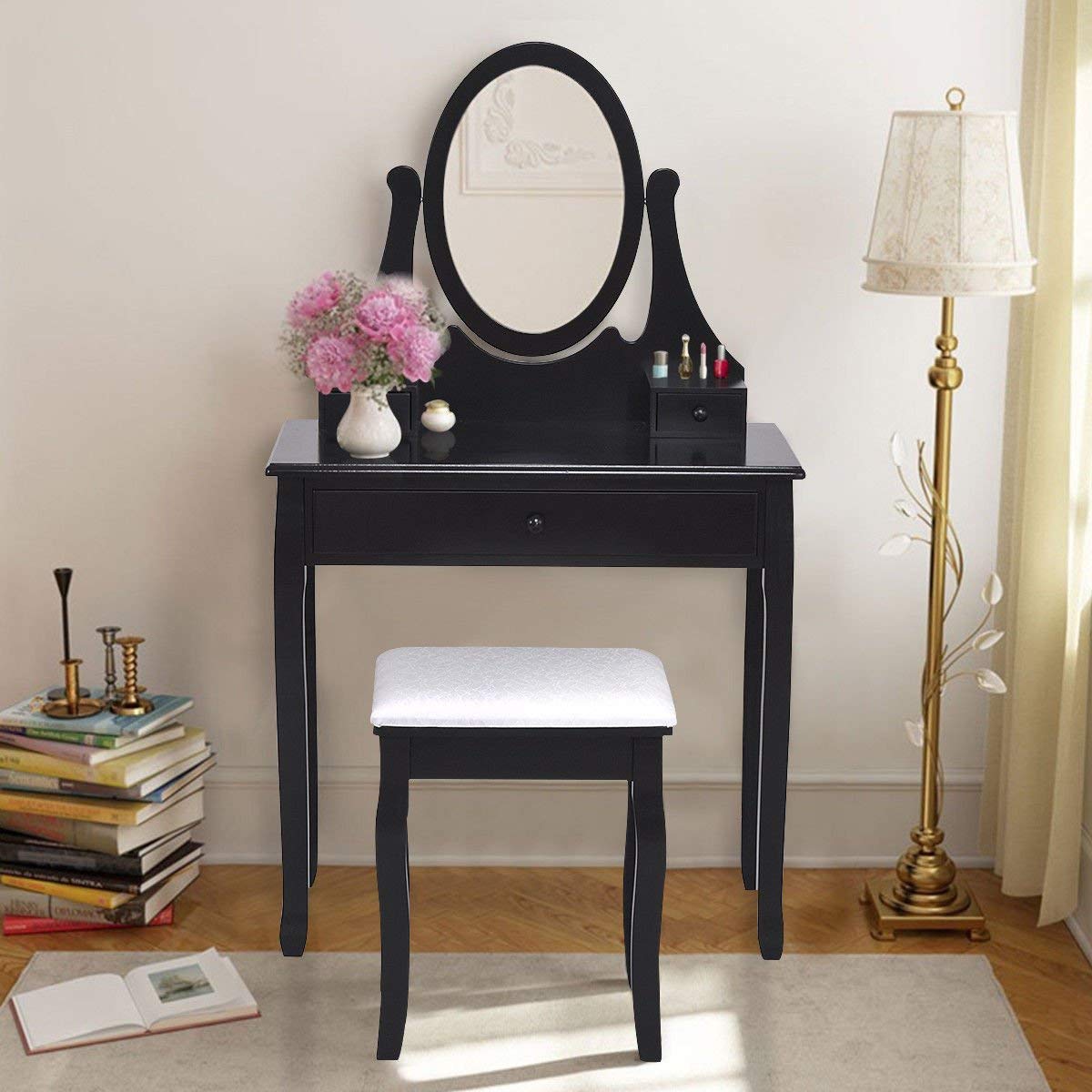 Casart Black Wooden Bathroom Vanity Set with Mirror & 3 Drawers - Makeup Dressing Table & Stool Combo for Modern Bathroom Decor | Perfect for Small Spaces & Daily Beauty Routine