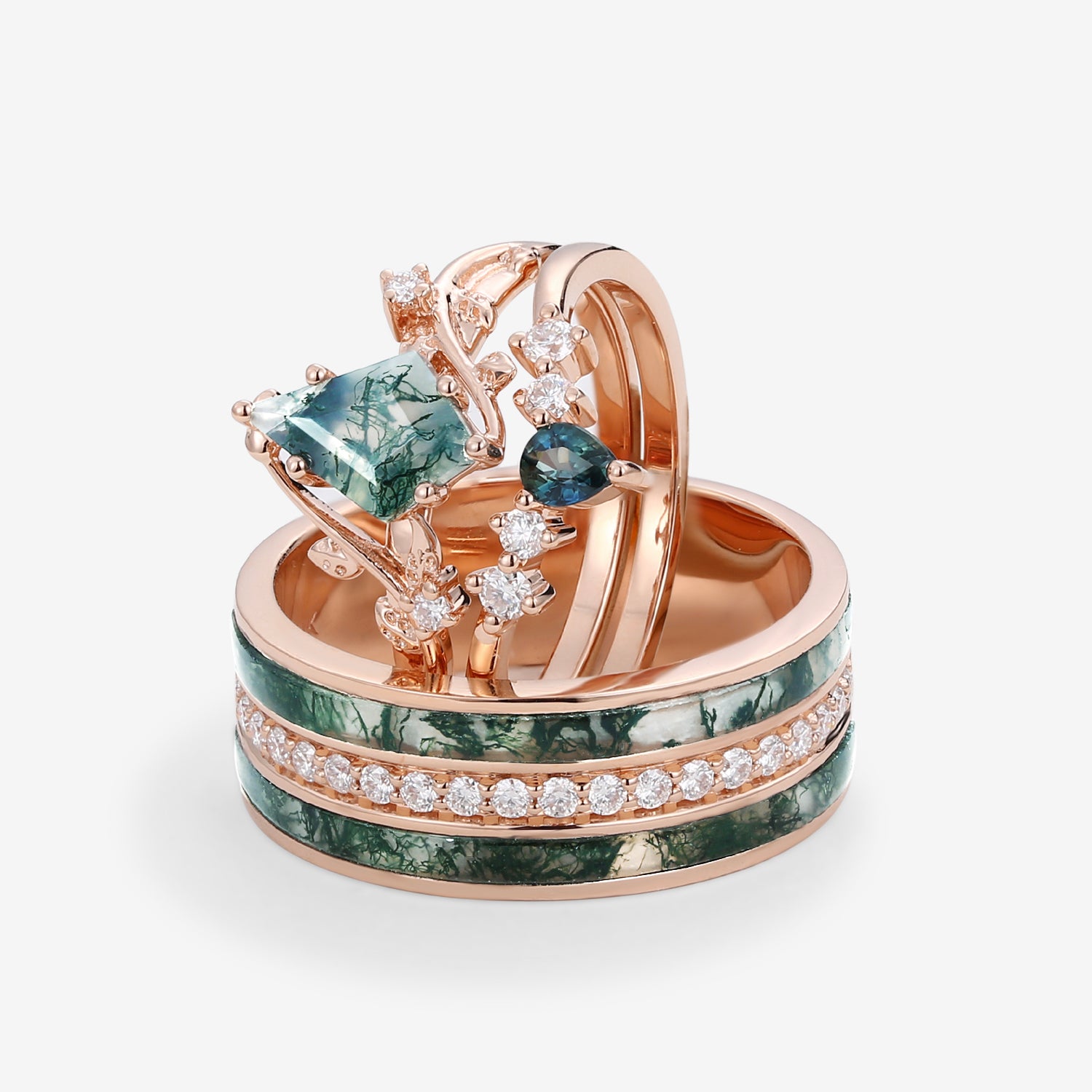 Nature Inspired Moss Agate & Green Sapphire Leafy Couple Ring Set - 3 Piece Willow Design Jewelry for Anniversary, Wedding & Romantic Gifts