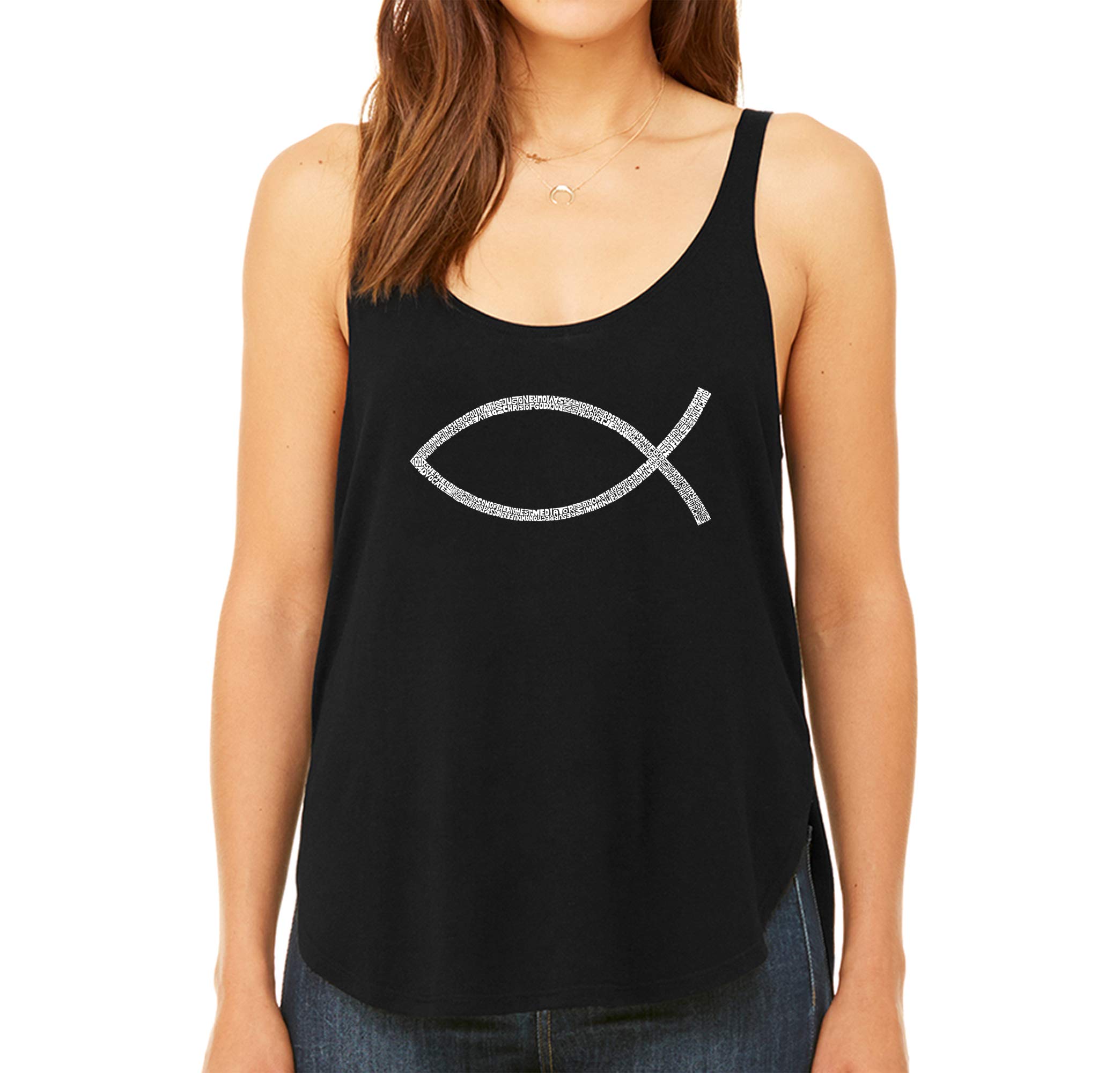LA POP ART Women's Premium Word Art Flowy Tank Top - Christian Jesus Fish Design | Casual Summer Wear, Beach Outfit & Church Apparel