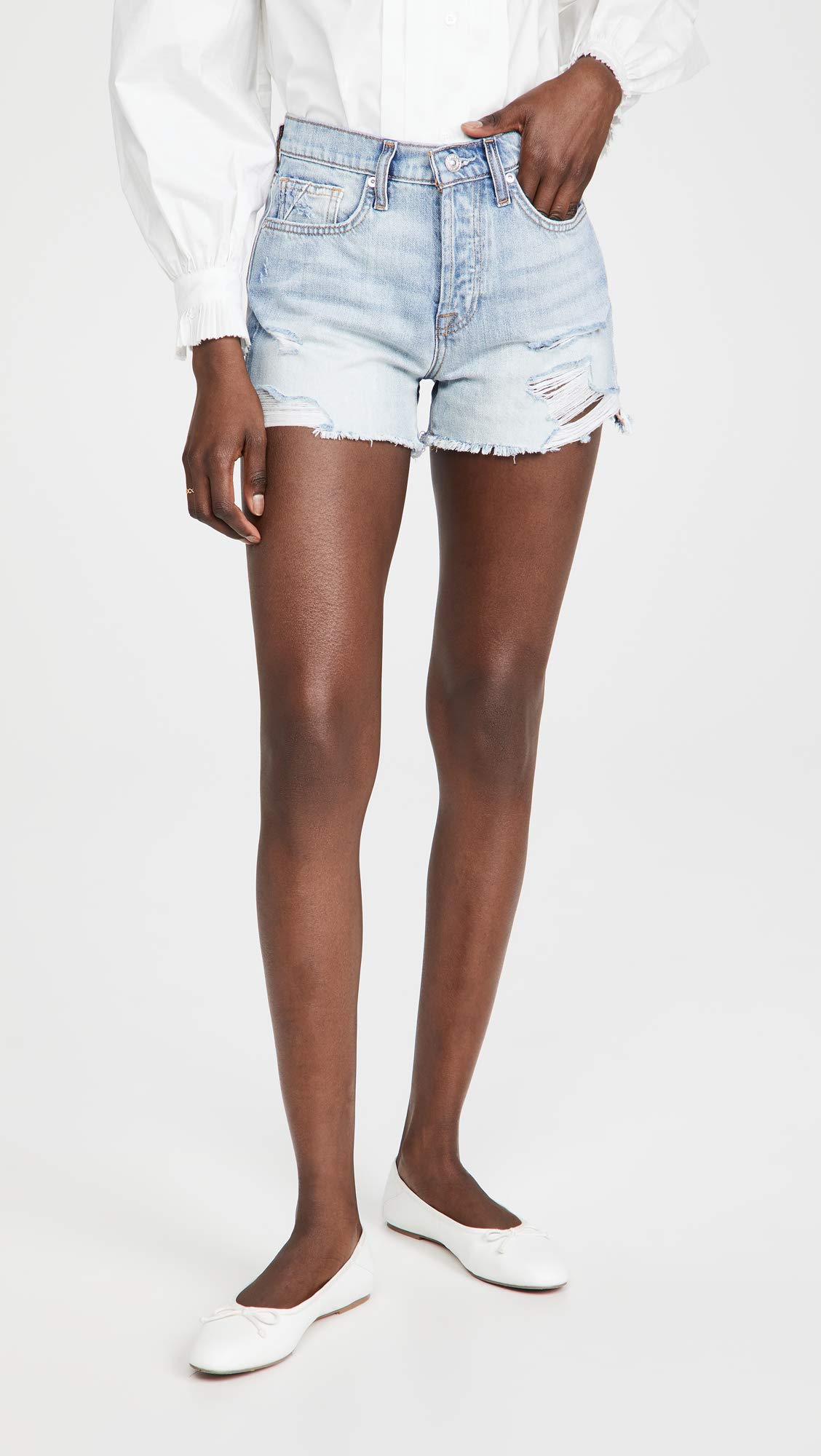 7 For All Mankind Women's Monroe Cutoffs Denim Shorts in Cosmic Blue Rigid Wash | High Waisted Distressed Denim Shorts for Summer, Beach & Casual Outfits