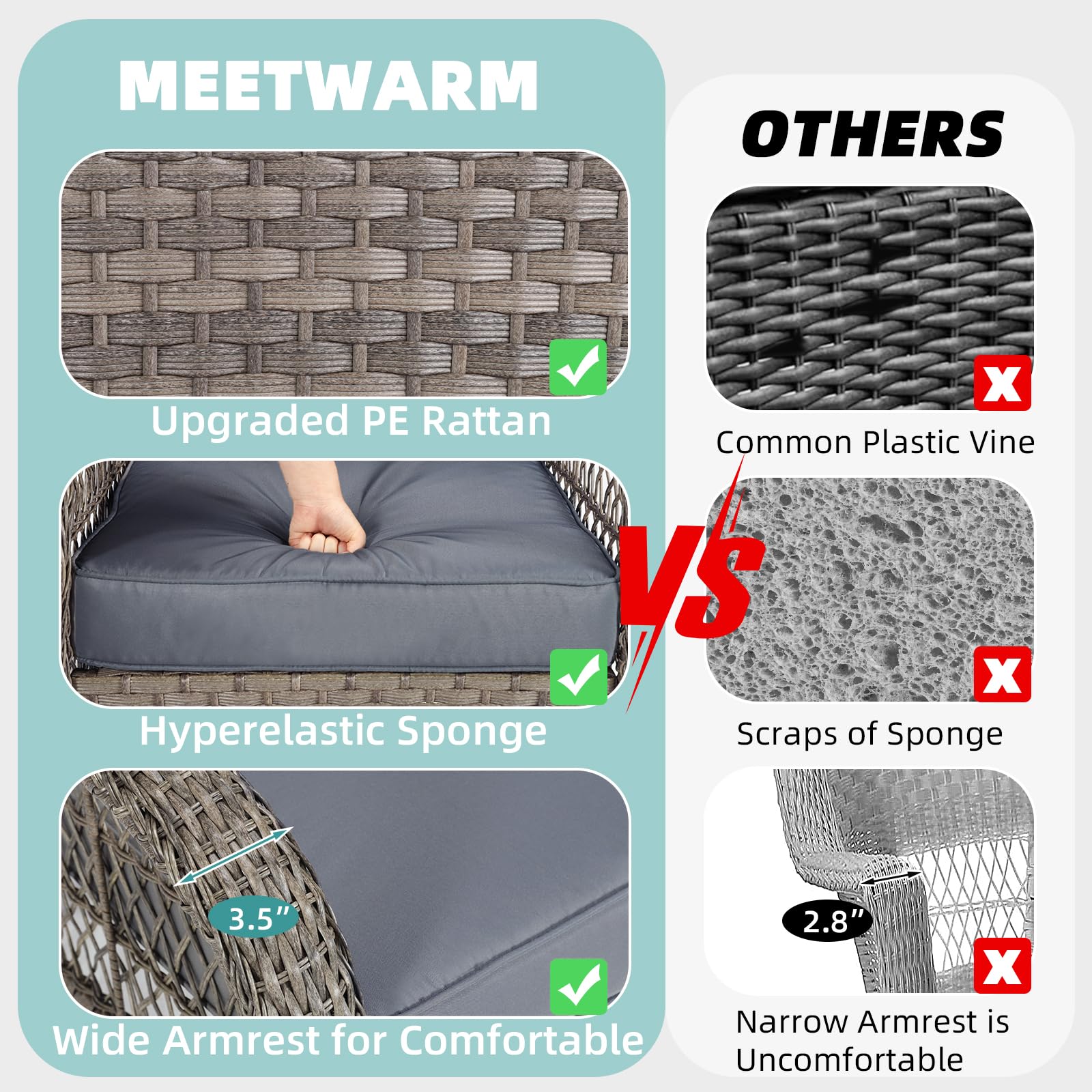 MEETWARM 3-Piece Outdoor Wicker Rocking Chair Set with Cushions & Glass-Top Coffee Table - Gray Rattan Patio Conversation Set for Porch, Backyard, Garden & Poolside Relaxation