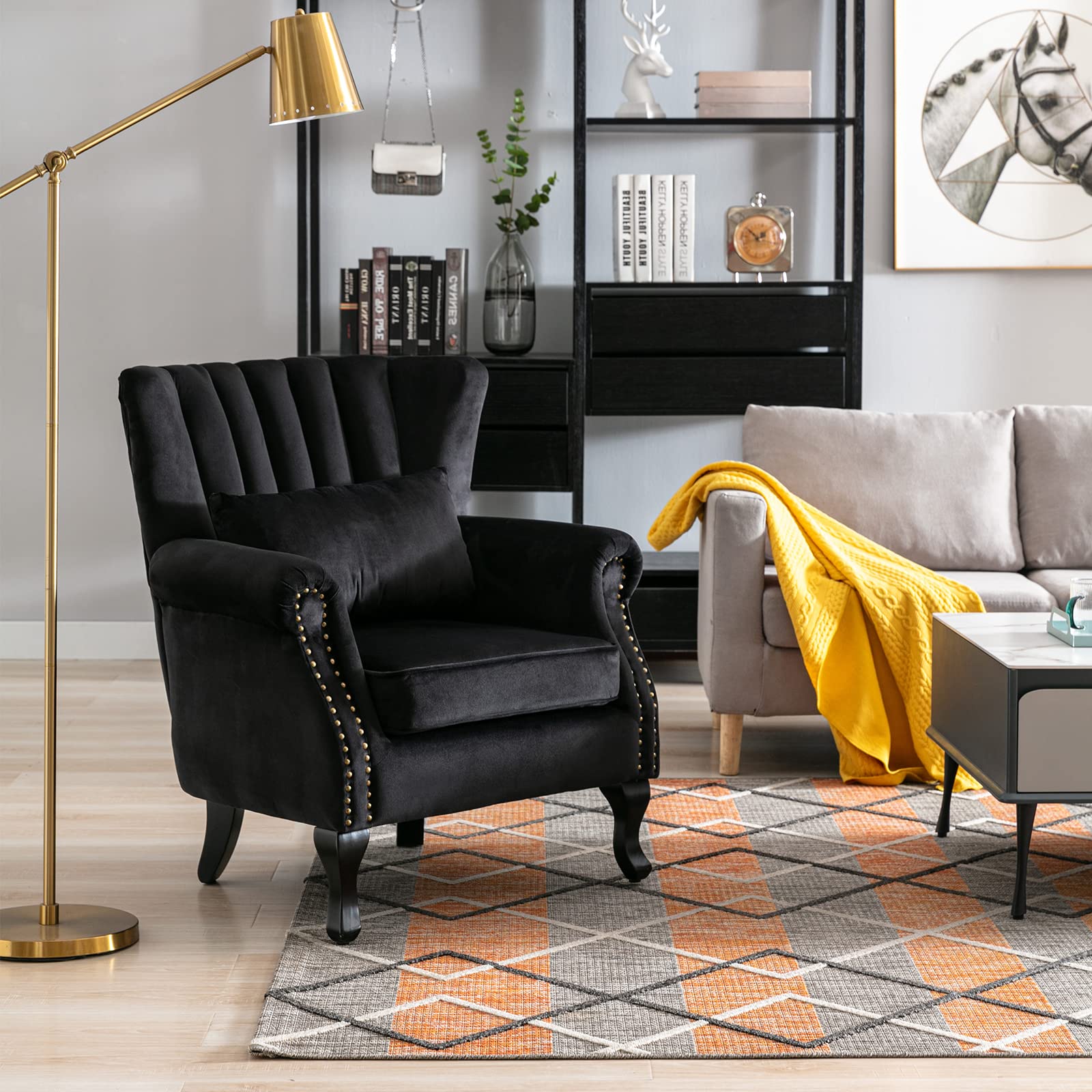 Mid Century Modern Accent Reading Arm Chair - Tufted Wingback Club Chair with Velvet Upholstery for Living Room, Bedroom & Reception Areas - Comfy Corner Sofa Chair for Relaxing, Reading & Waiting Rooms - Black