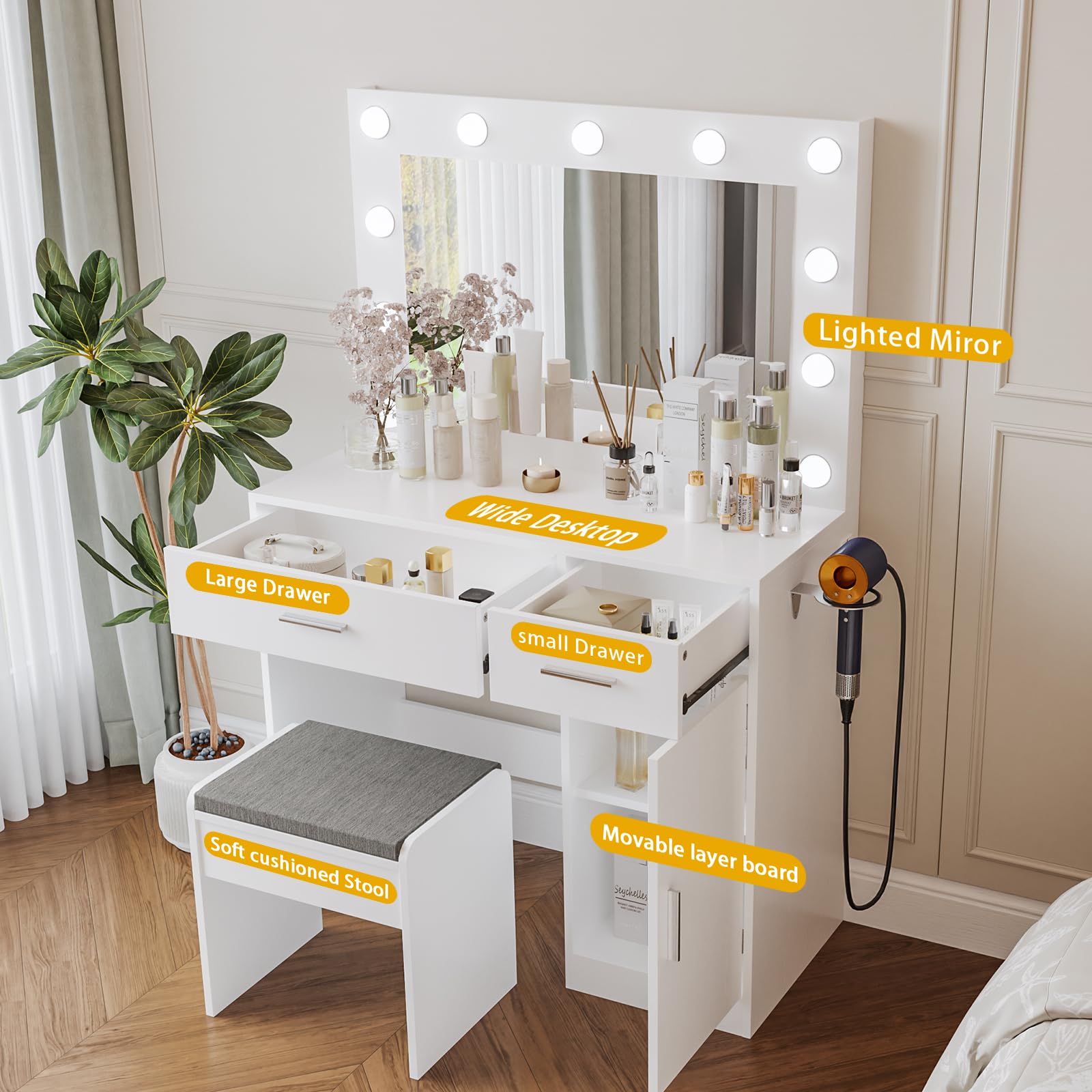 Vanity Desk with Mirror, Large Drawer & Built-in Power Outlet - 11 LED Bulbs with 3 Adjustable Lighting Modes, White Makeup Dressing Table for Bedroom | Perfect for Makeup Application, Skincare Routine & Home Decor